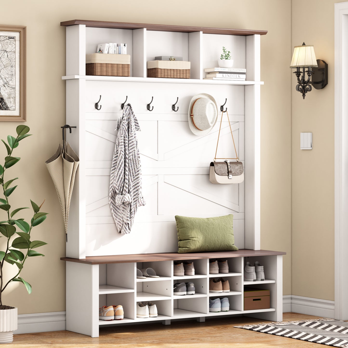 Farmhouse 4-in-1 Hall Tree with 6 Hooks, Walnut Entryway Bench with Shelves, Wooden Style Rustic Shoe Organizer with 16 Open Compartments for Mudroom, Living Room, White (OLD SKU: N721P264915K)