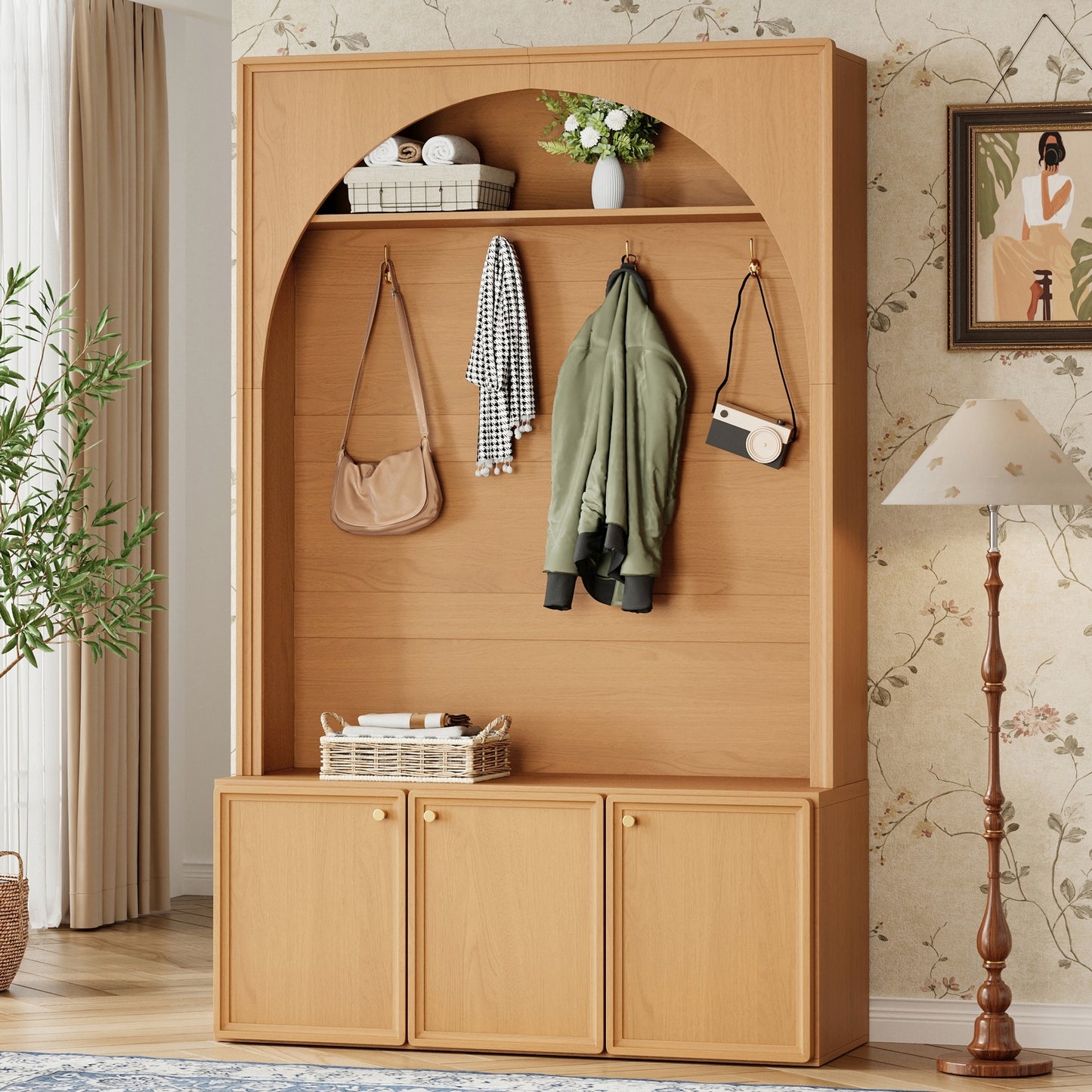 ON-TREND Farmhouse All-in-One Hall Tree with Adjustable Shelves, Retro Arched Entryway Storage Bench with 3 Cabinets, Wooden Coat Rack Organizer with 4 Golden Hooks for Mudroom, Hallway, Natural/Teak