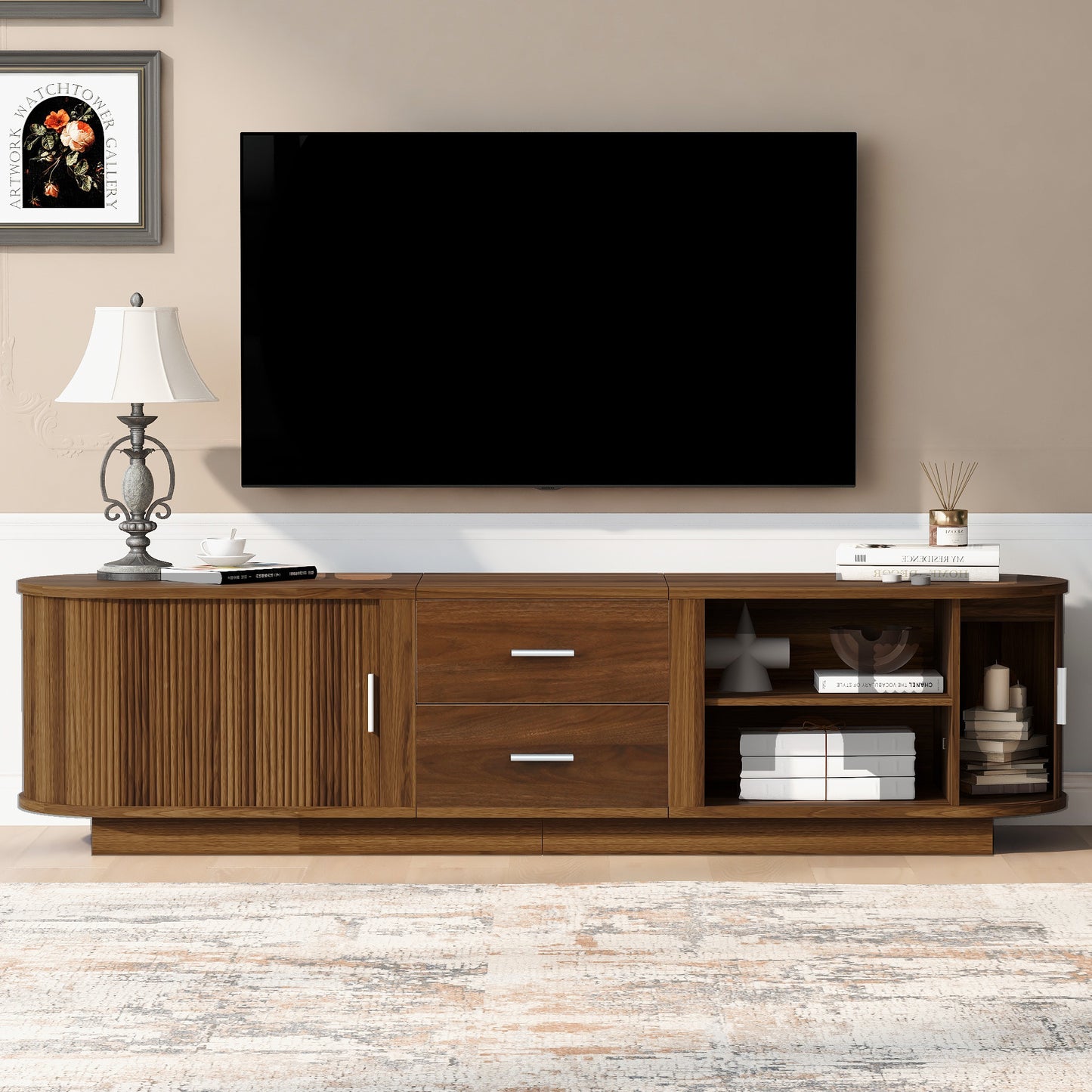 U-Can Modern TV Stand with Drawers, Hidden Sliding Storage, Rounded Corners, and Waterproof Surface, Fits 65"-70" TVs