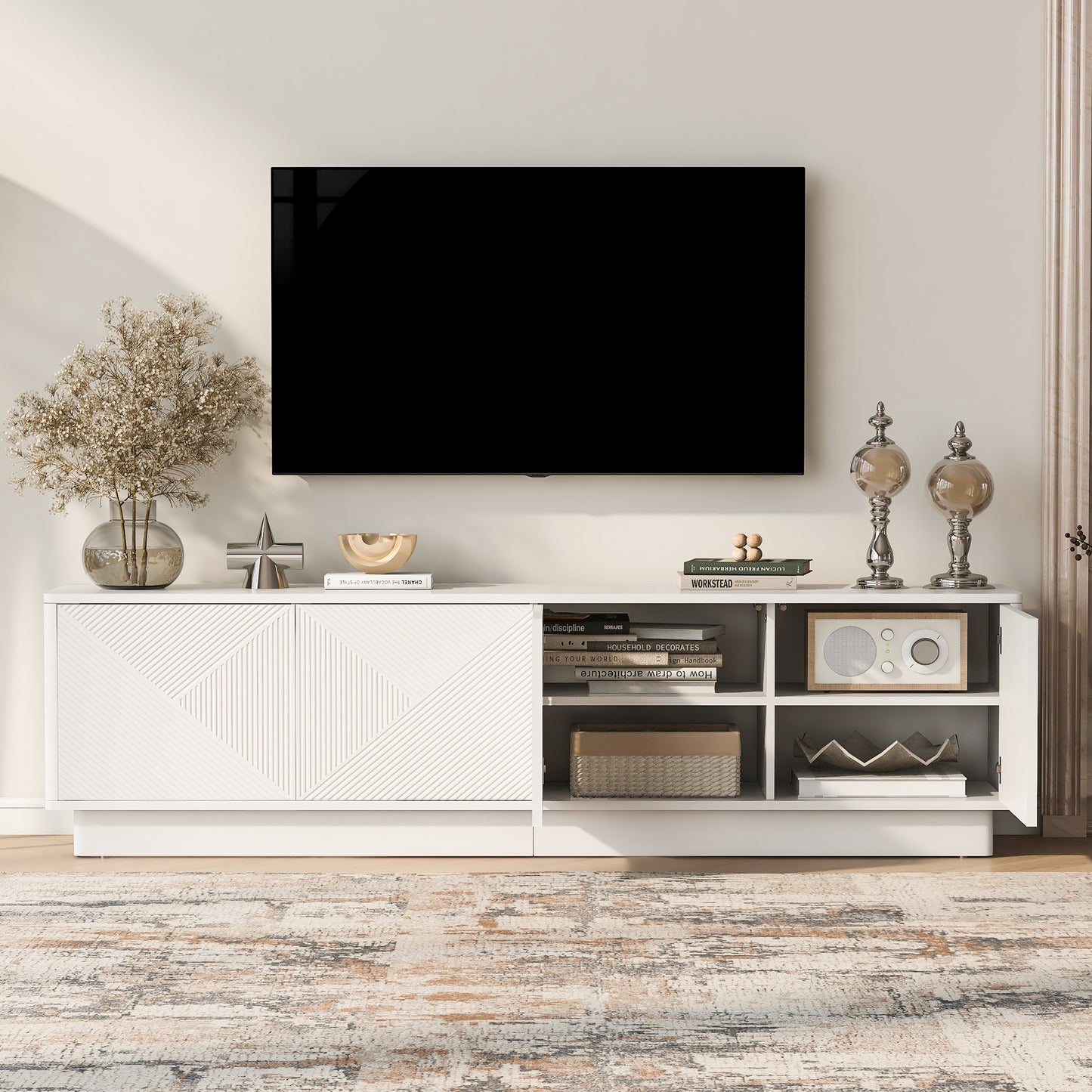 U-Can Stylish 4-Door Wave Design Cabinet with Adjustable Shelves & LED Accent