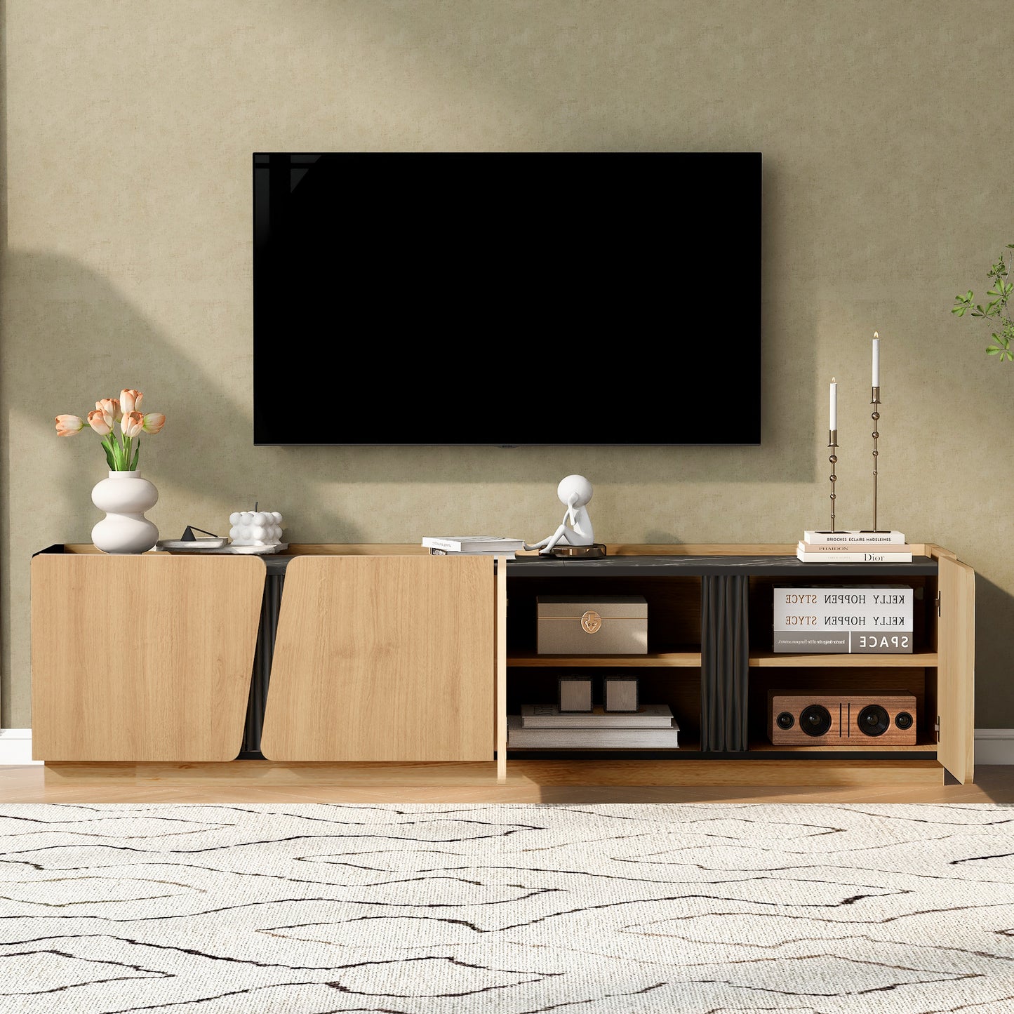 U-Can Modern Storage Cabinet with Rounded Corners, Marble Contrast Top & Adjustable Interior Shelves