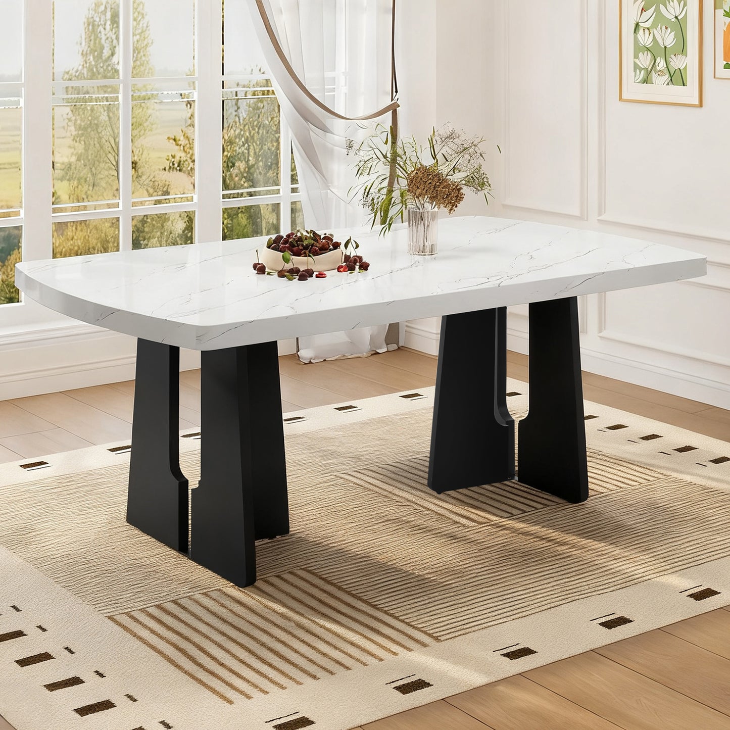 63" Modern Faux Marble Dining Table - Black/White Marble Top with Sturdy Geometric Legs, Stylish Kitchen & Dining Room Table for Home, Apartment, Office, Easy to Assemble, White+Black