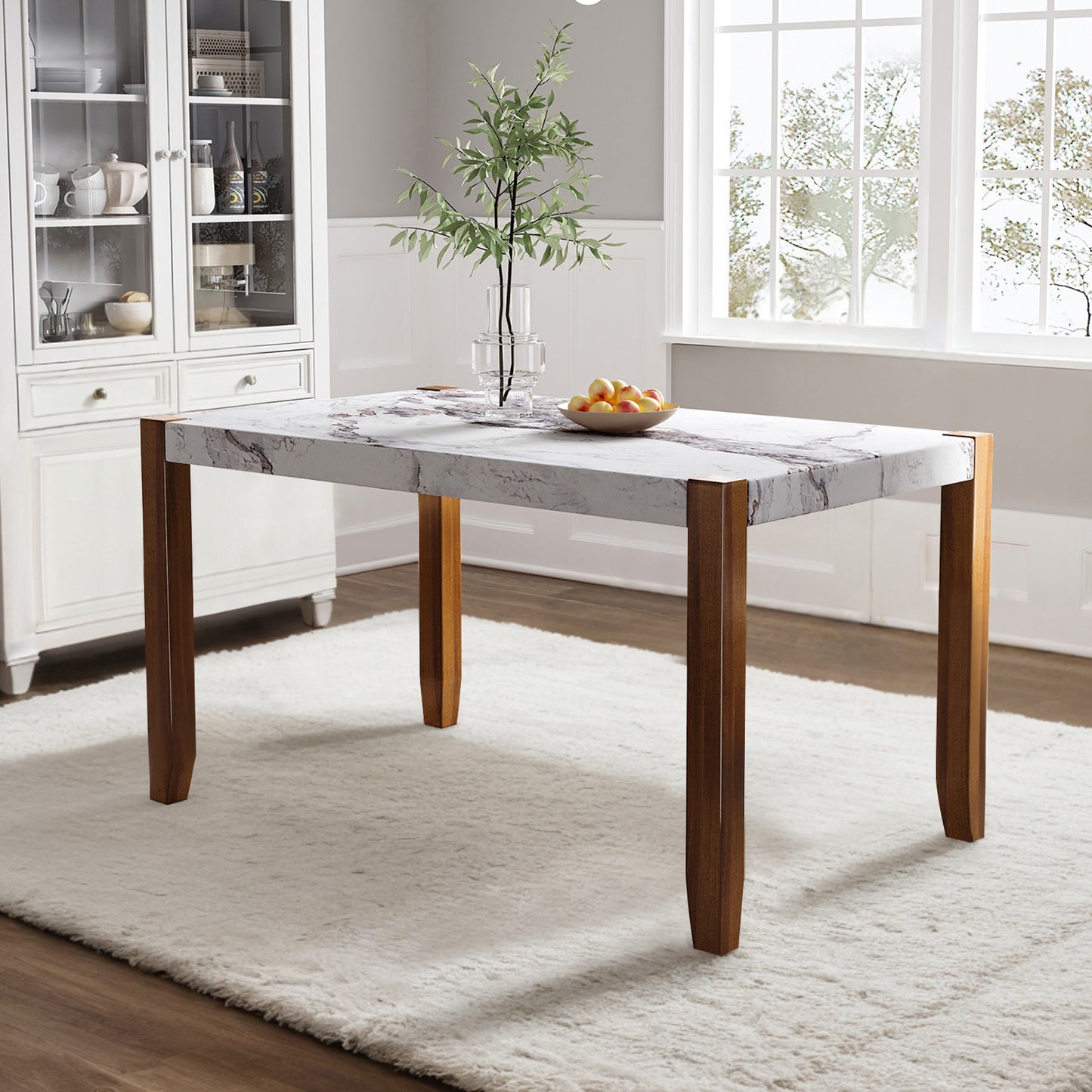 46.5" Modern Dining Table, Rectangular Faux Marble Style Table with Sturdy Wood Legs, Easy to Clean Rectangular Kitchen Table for Dining Room, Living Room, Easy Assembly( OLD SKU: WF321684AAK)