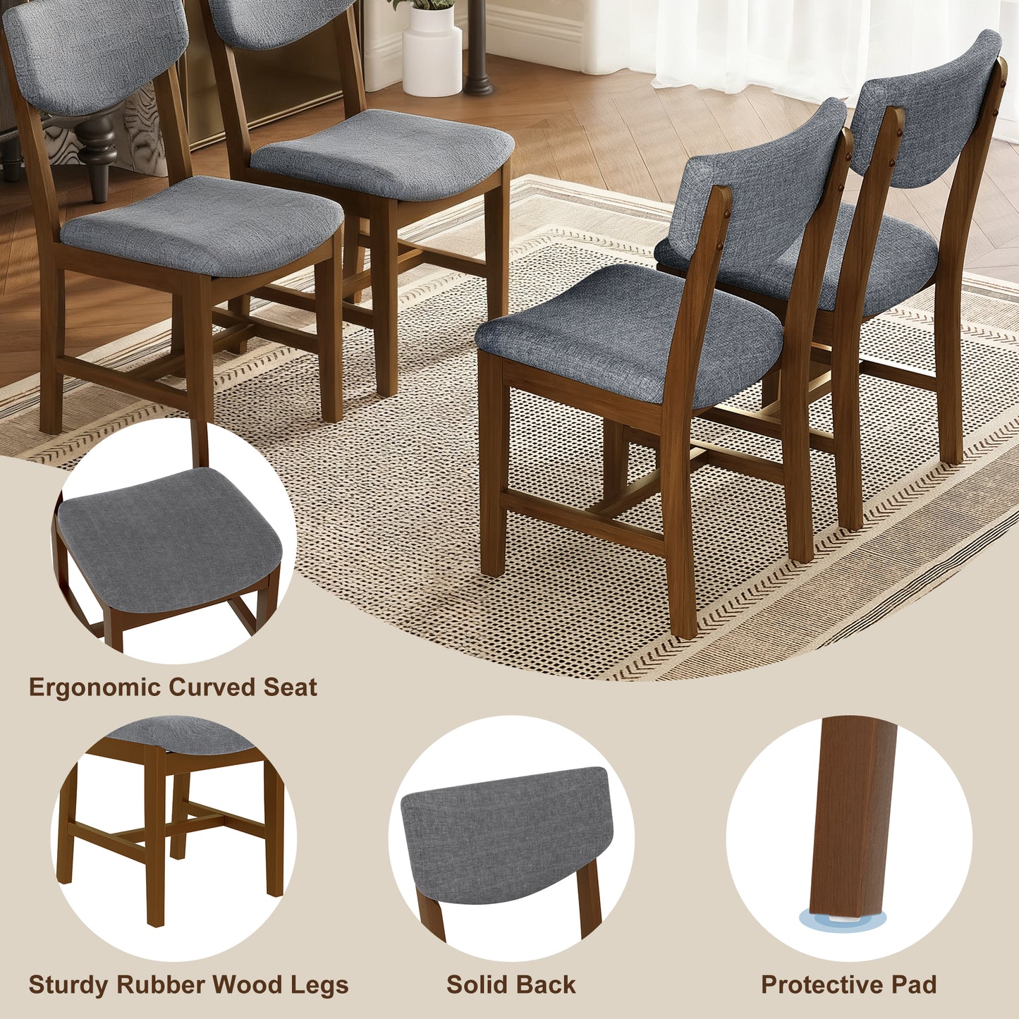 Walnut Rubber Wood Dining Chair Set with Gray Fabric Seat for Kitchen for Dining Room