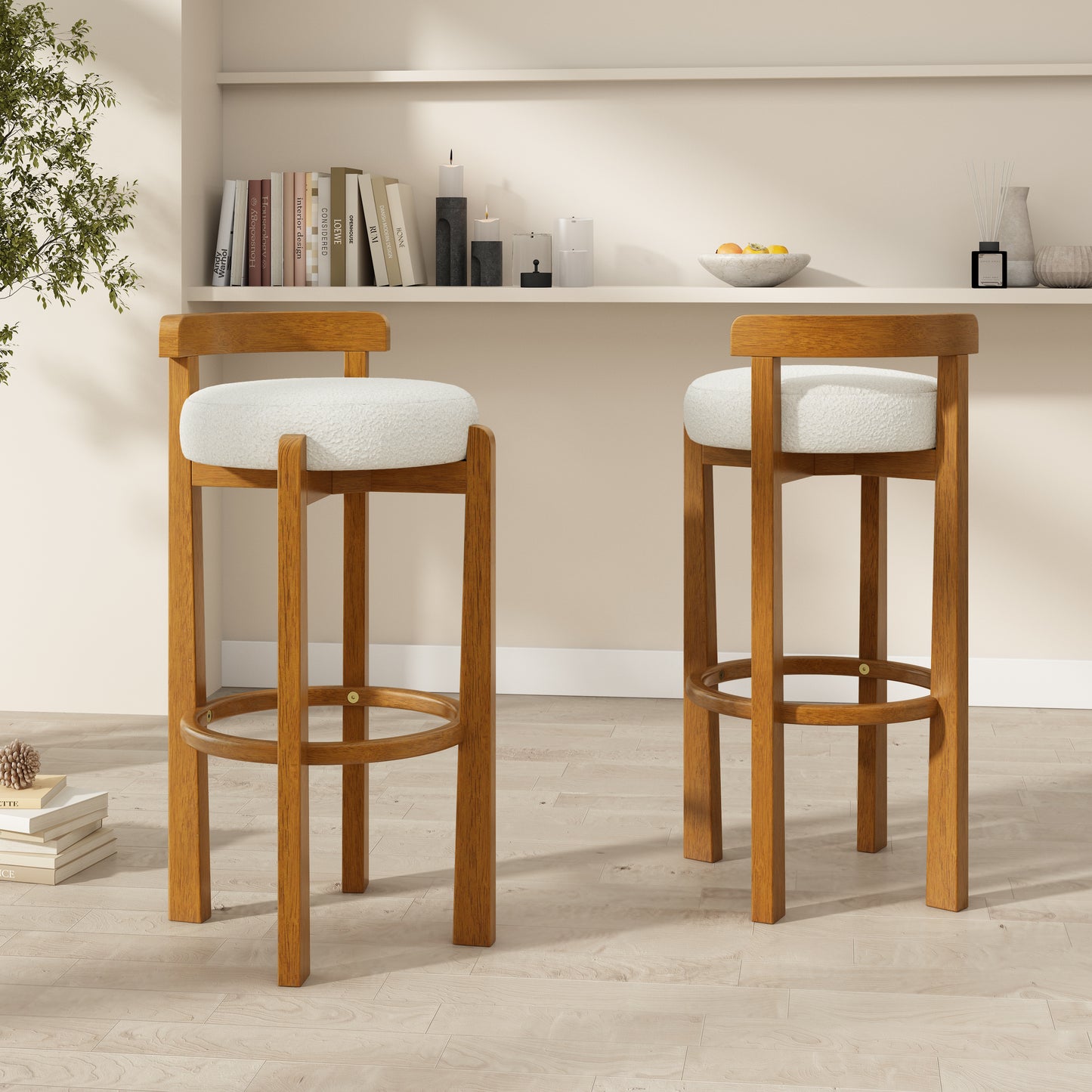 Elise Indoor Wooden Low Back Barstool, Walnut Finished and White Upholstery, Set of 2