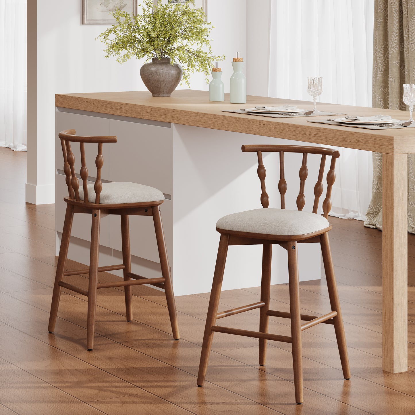 Doria Indoor Wooden Barstool, Walnut Finish With Beige Upholstery, Set of 2