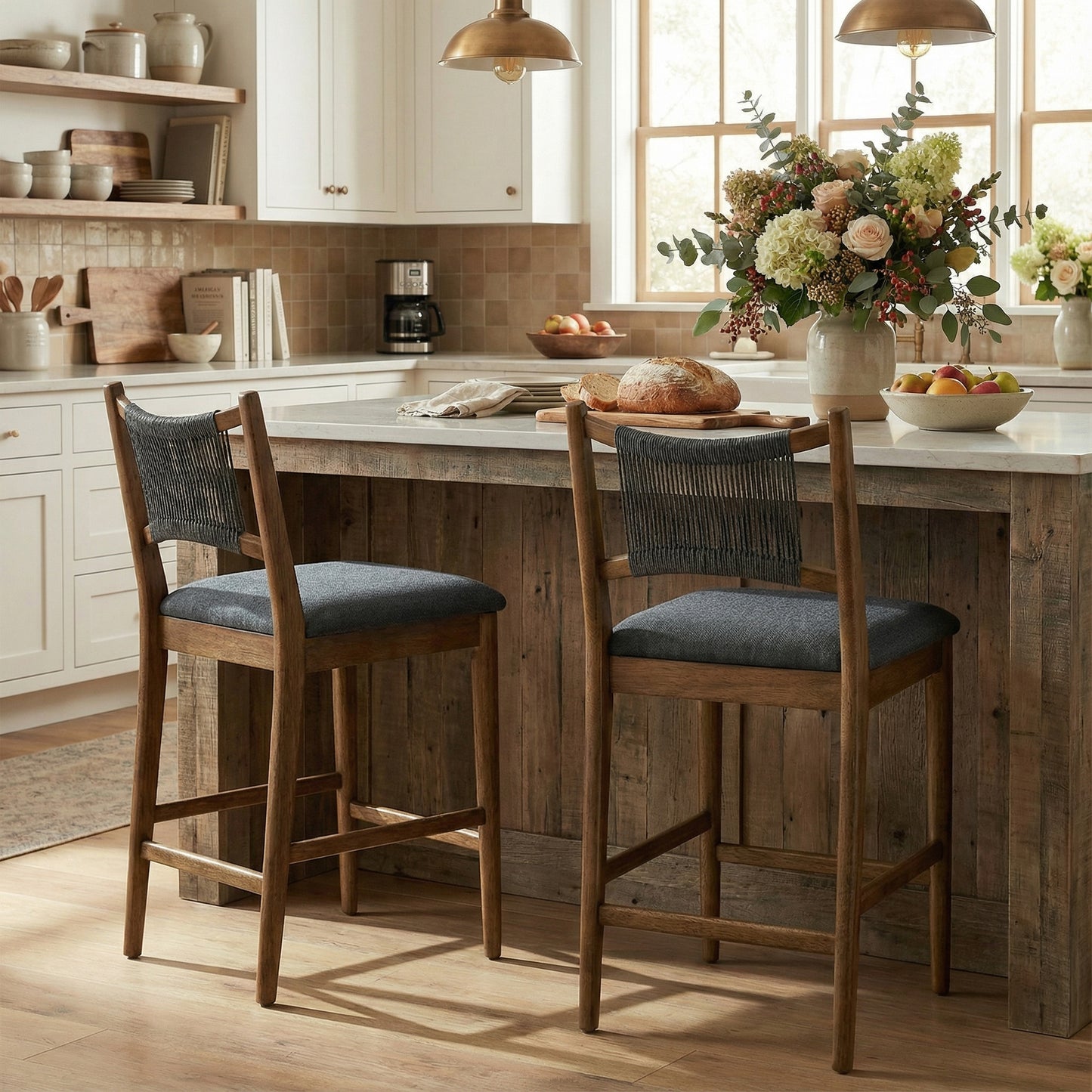 Arno Indoor Upholstered Wooden Counter Stool, Walnut Finish with Charcoal Upholstery and Black Rope, Set of 2