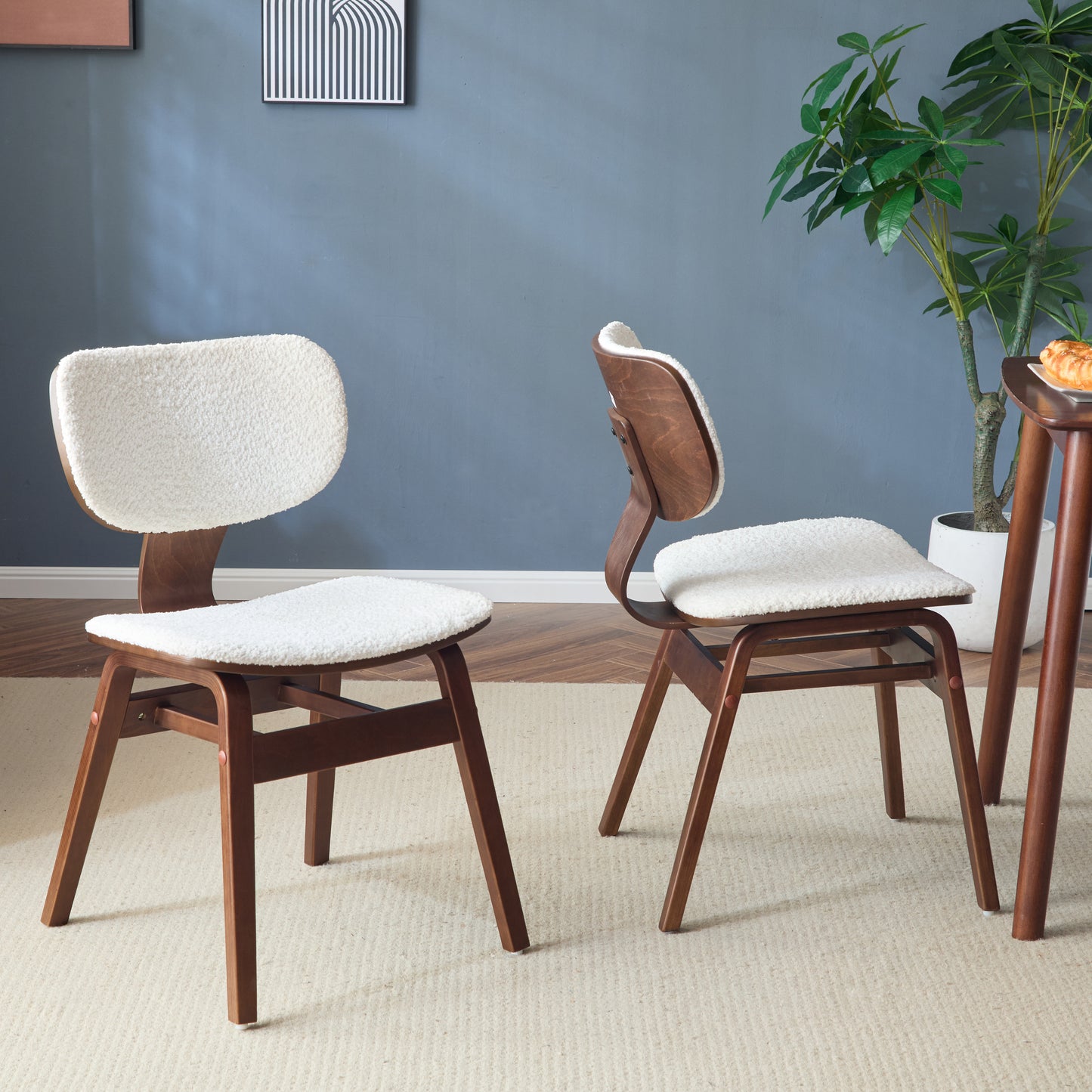 Boucle fabric upholstered side chair, White and Walnut