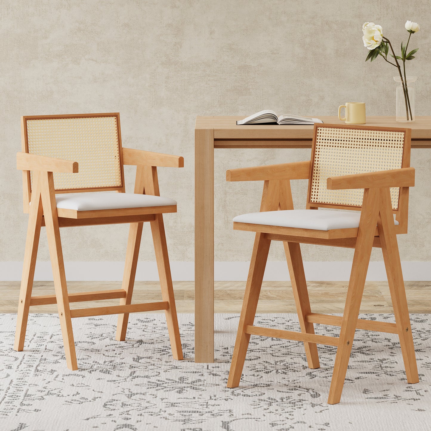 27" Height, Cream Woven Cane Plastic Backrest Bar Stool - Foam-Padded Fabric Seat & Durable Rubberwood Frame
