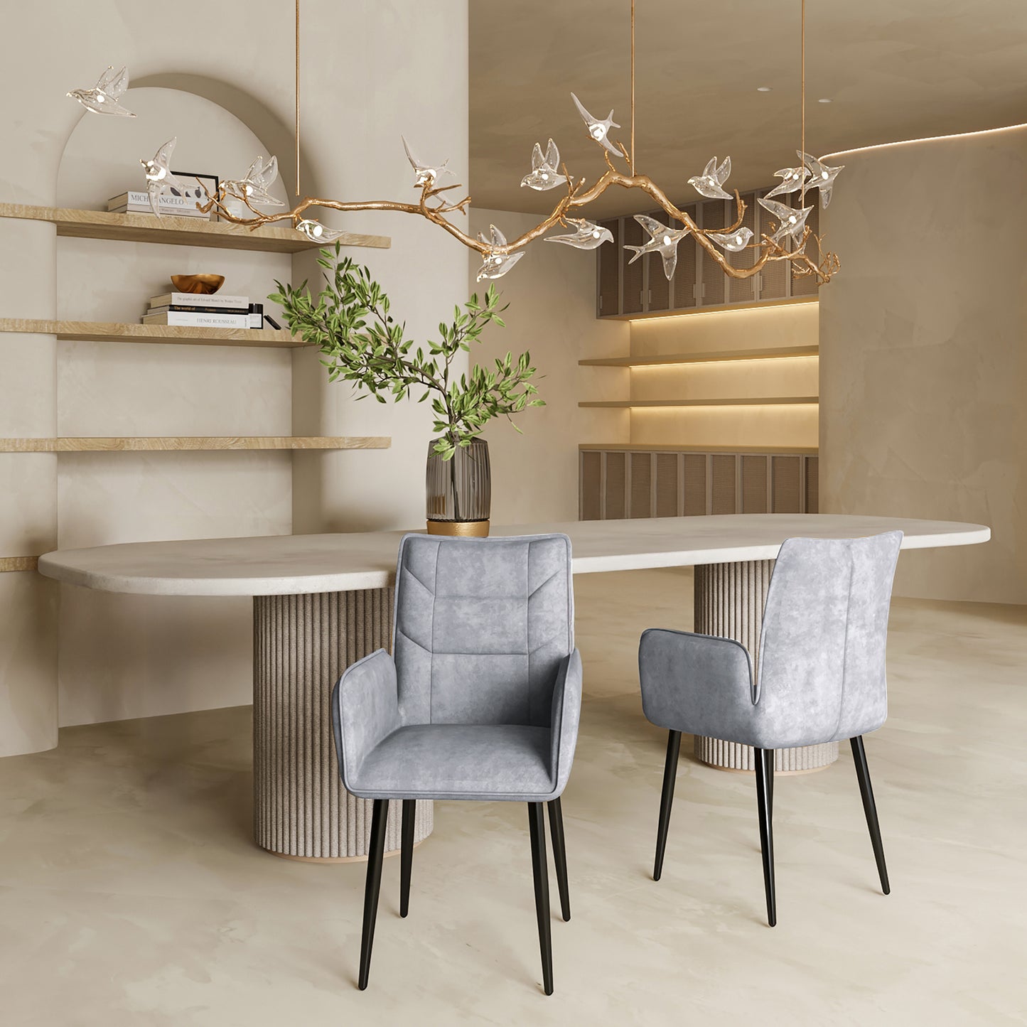 Modern Velvet Dining Chairs 2-Piece Set - Soft Cushioned Seats with Iron Frames in Mustard Light Gray