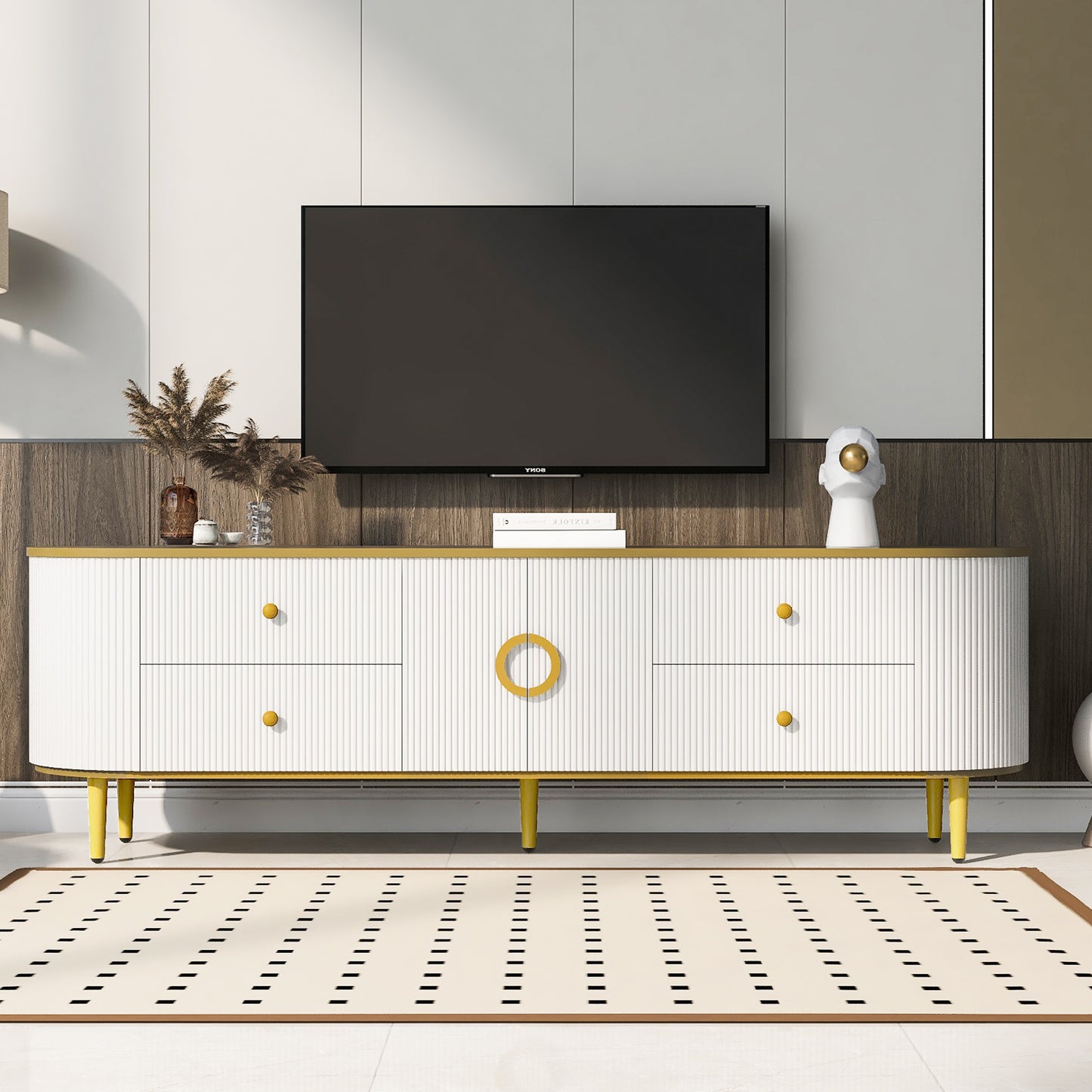 VIBE HAUS Modern TV Stand for TVs up to 80 Inches, Entertainment Center with 4 Drawers and 1 Cabinet, Wood TV Console Table with Metal Legs and Handles for Living room(Old SKU:SJ000117AAK)