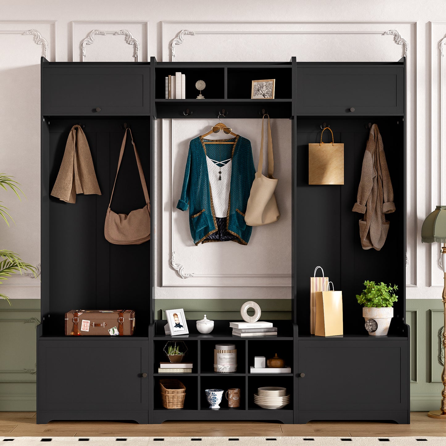 VIBE HAUS 79.1''Wide Modern Hall Tree with Shoe Storage, 4-in-1 Entryway Bench with 8 Cubbies, 7 Coat Hooks & Adjustable Shelf for Hallway, living room, Black