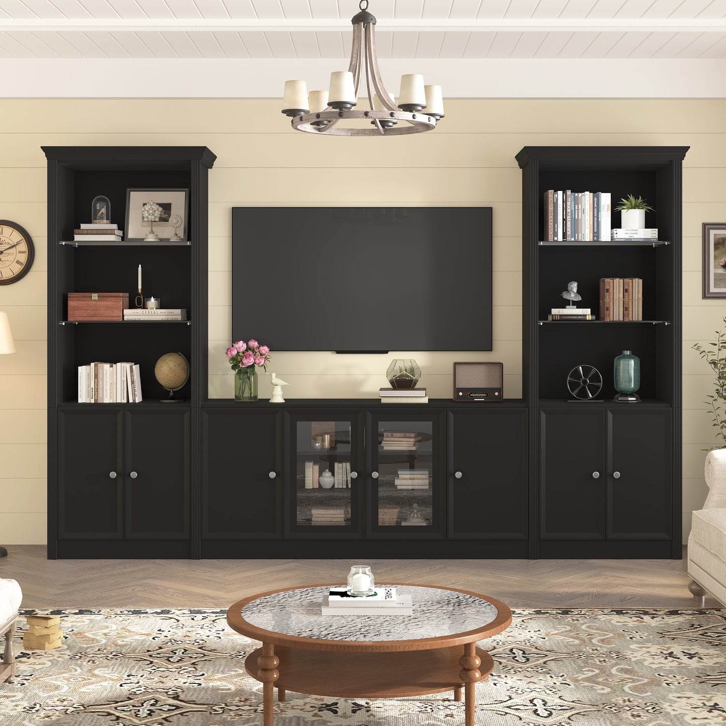 U-Can 128.2" W Wall Unit Entertainment Center with Bookshelves for TVs up to 80", Modern TV Stand Media Console with tempered glass Cabinets, and Adjustable Shelves for Living Room
