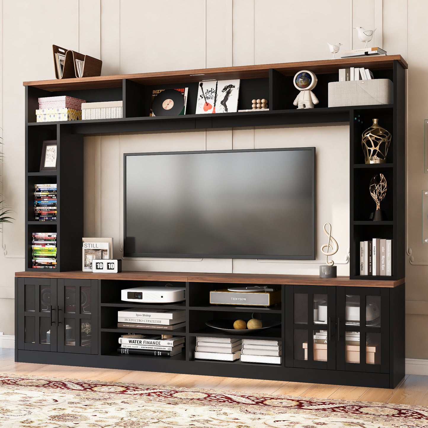 95.5" W Wall Unit Entertainment Center with Bookshelves for TVs up to 80", Modern TV Stand Media Console with Cabinets, Tempered Glass Doors and Adjustable Shelves for Living Room