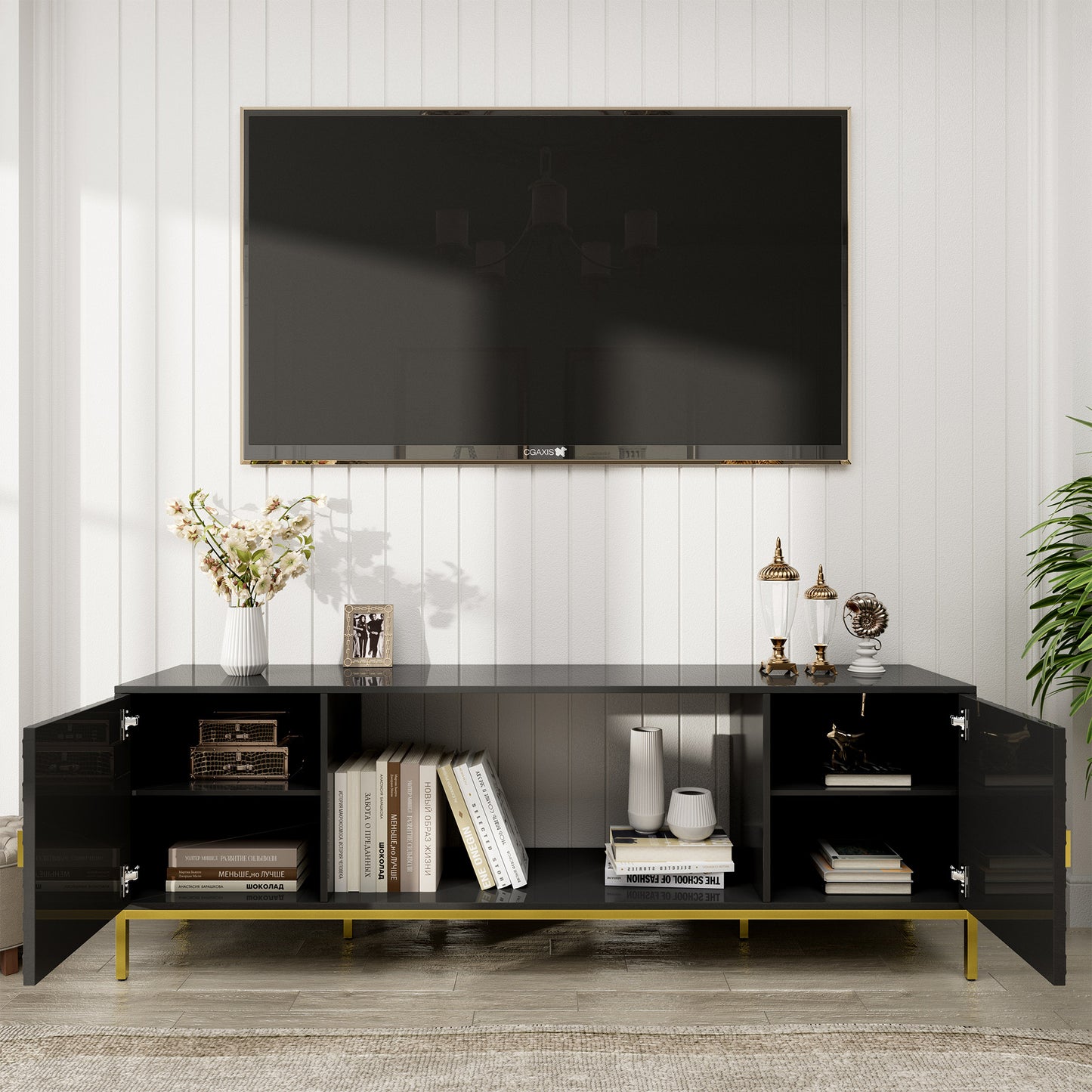 70 Inch TV Stand with Storage - Black MDF Iron Media Console for Living Room