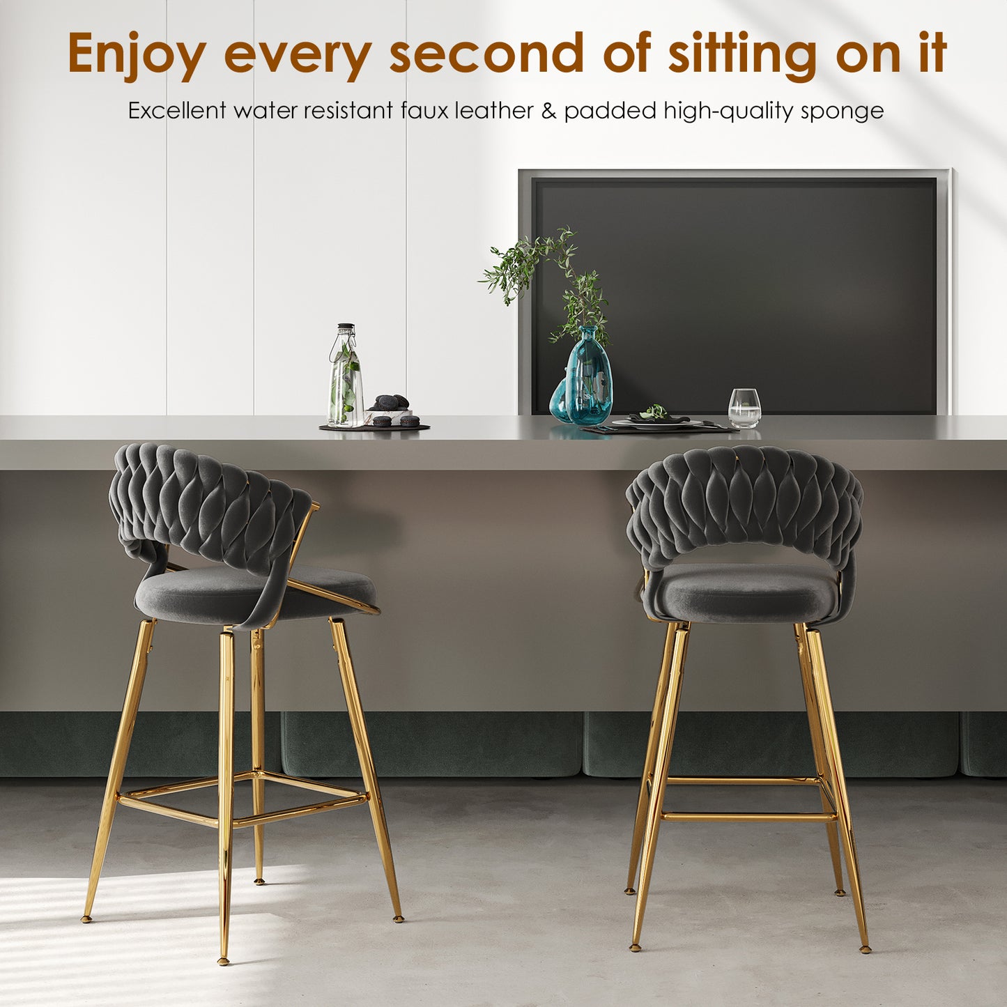 Black Velvet Bar Stools Set of 2 - Kitchen Island Seating