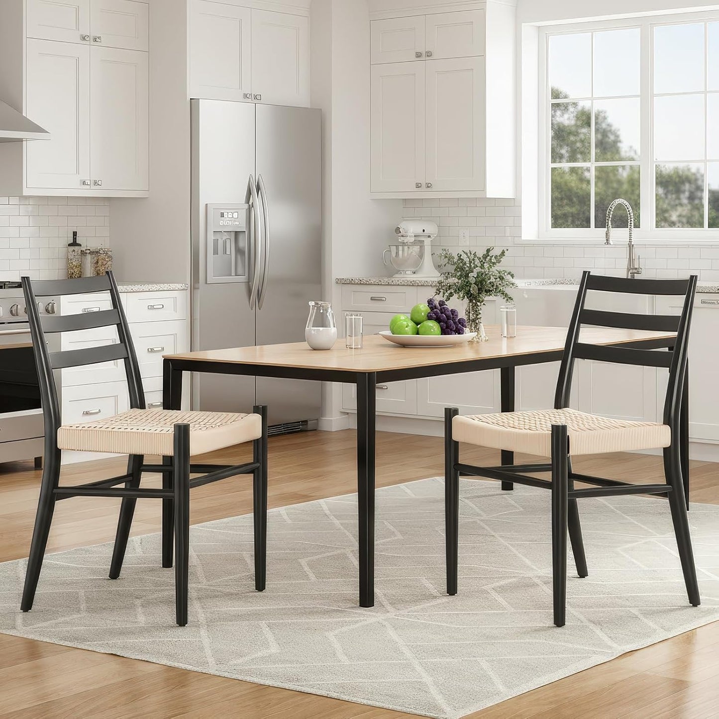 Black Beige Dining Chairs Set of 2 Metal Frame