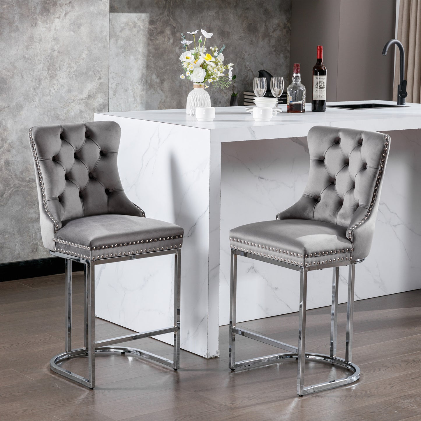 26" Counter Height Bar Stools Set of 2, Modern Velvet Barstools with Button Back&Rivet Trim Upholstered Kitchen Island Chairs with Sturdy Chromed Metal Base Legs Farmhouse Bar Stools, (Gray,2 Pack)