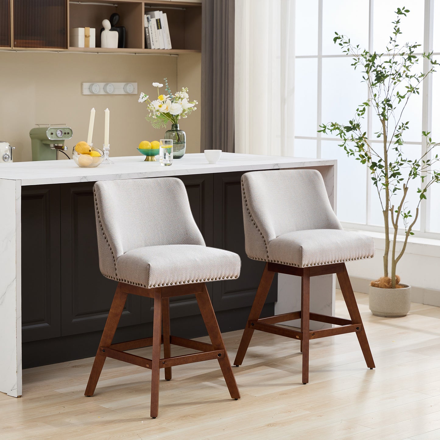 Counter Height Swivel Barstools, 26'' H Seat Height Upholstered Bar Stools Set of 2, Fabric in Ivory