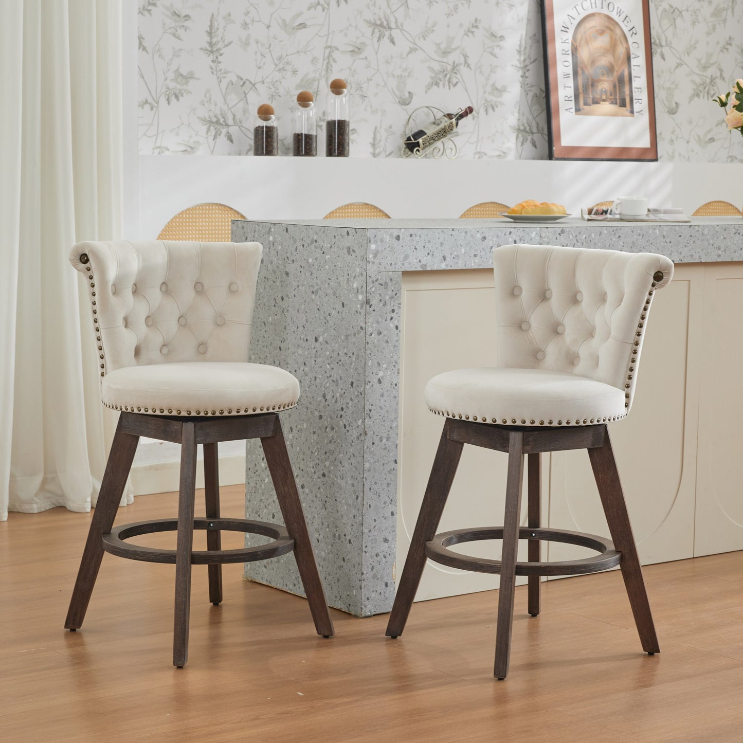 26" Counter Height Bar Stools Set of 2, 360° Swivel Stools with Back & Hand - Tufted Button - Trimmed Edges, Upholstered Velvet Kitchen Counter Stools on Wood Legs,Beige,SW1868BG