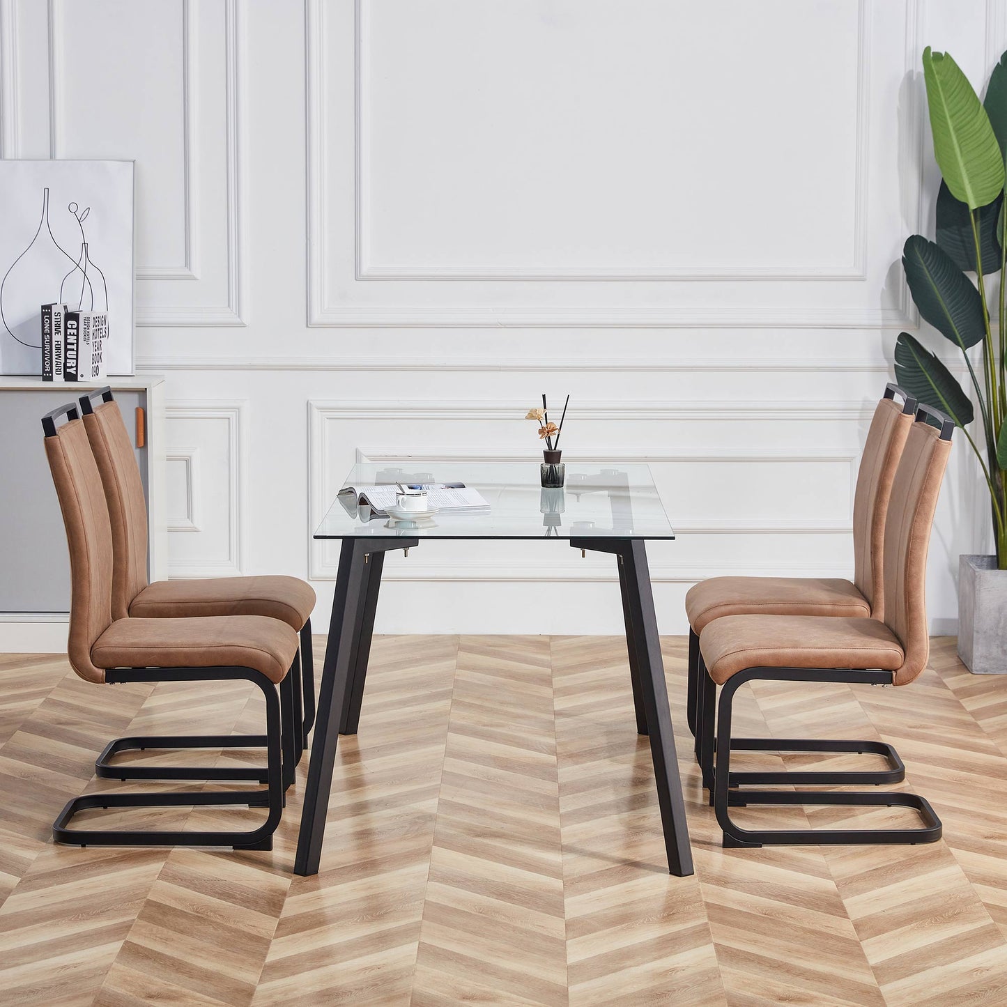 Modern Brown Dining Chairs - Set of 4 Fabric Upholstered Side Chairs
