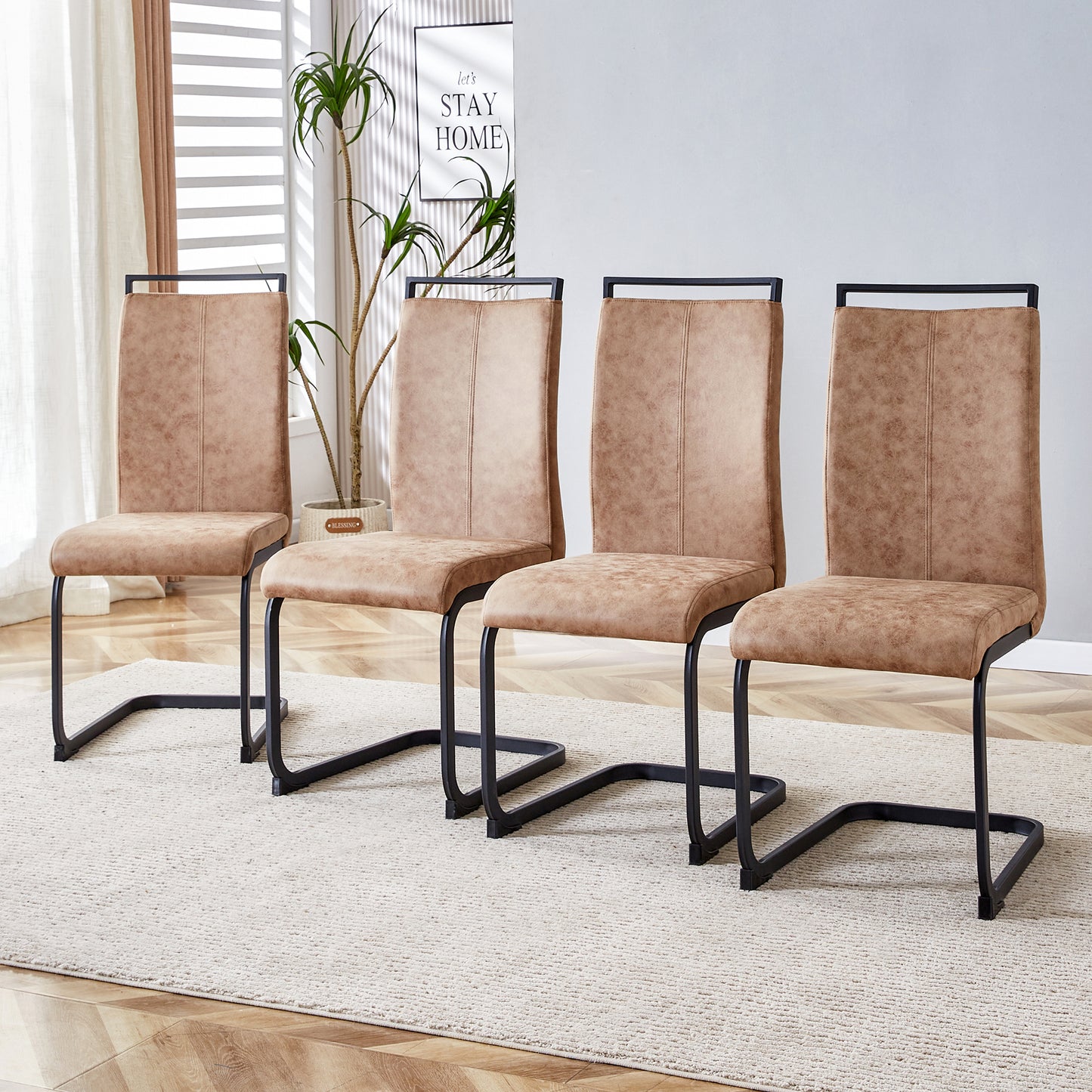 Modern Dining Chairs, Technology cloth High Back Upholstered Side Chair with C-shaped Tube Black Metal Legs for Dining Room Kitchen Vanity Club Guest Office chair (Set of 4)Brown 1162
