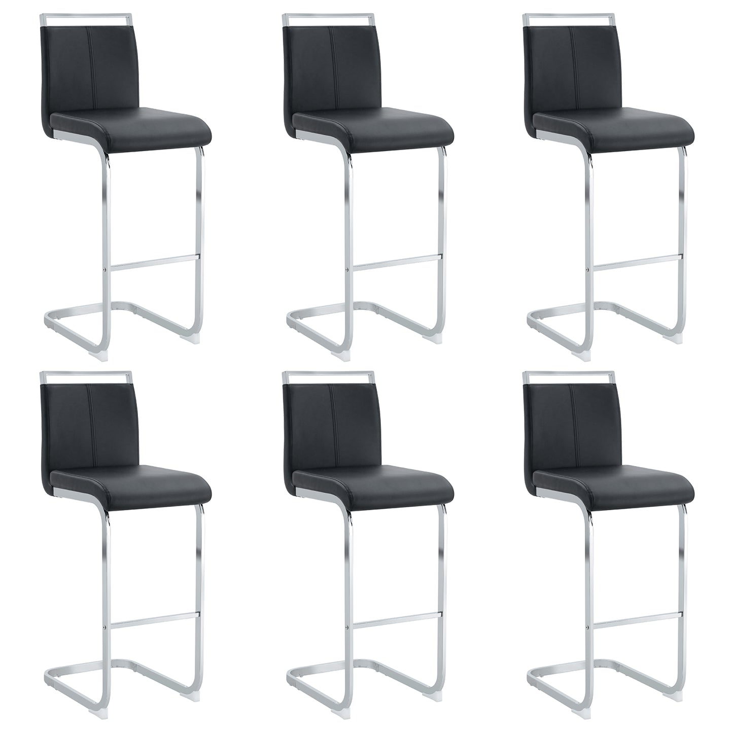 Modern and beautiful bar stool upholstered in PU leather with C-shaped silver metal legs for dining rooms, kitchens, terraces and guest office chairs.(set of 6) (black+PU)