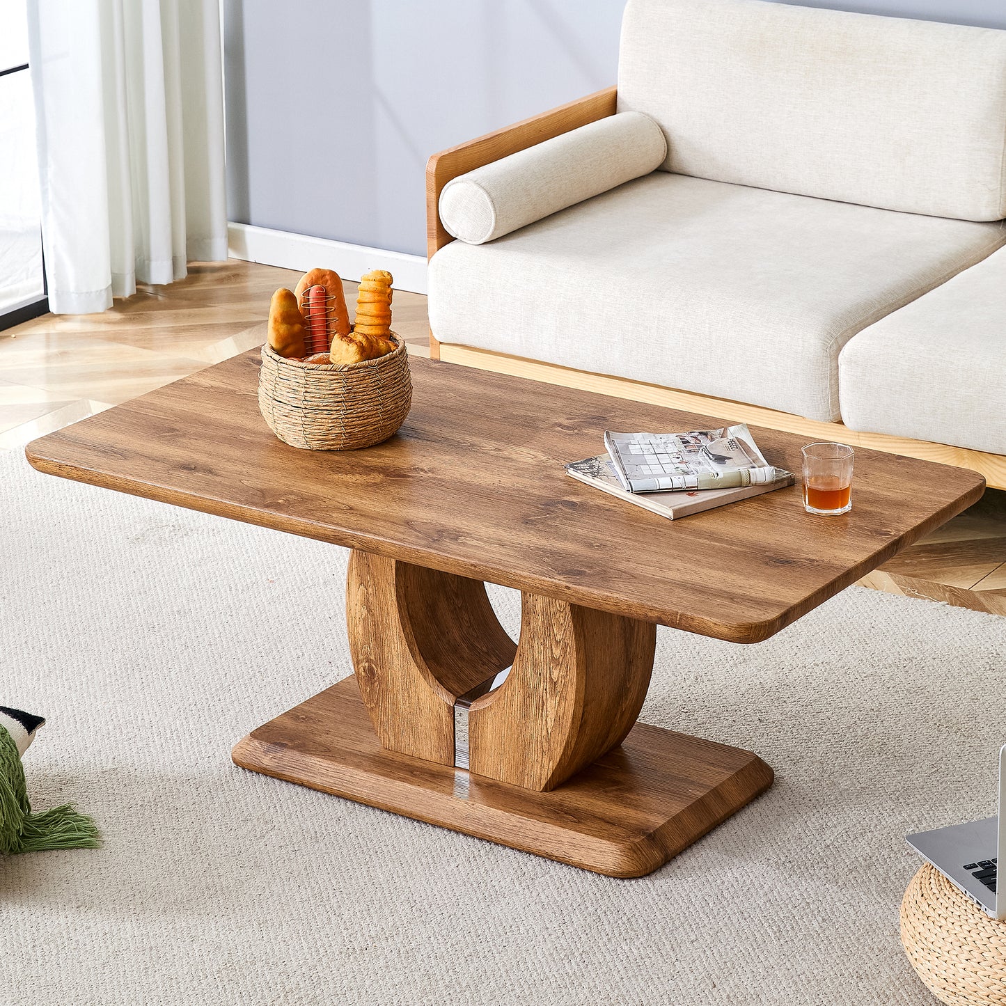 Modern simple luxury rectangular coffee table in wood color. The computer desk. The game table. Suitable for dining room, living room, terrace, kitchen. 47 "x 25.6" 18"