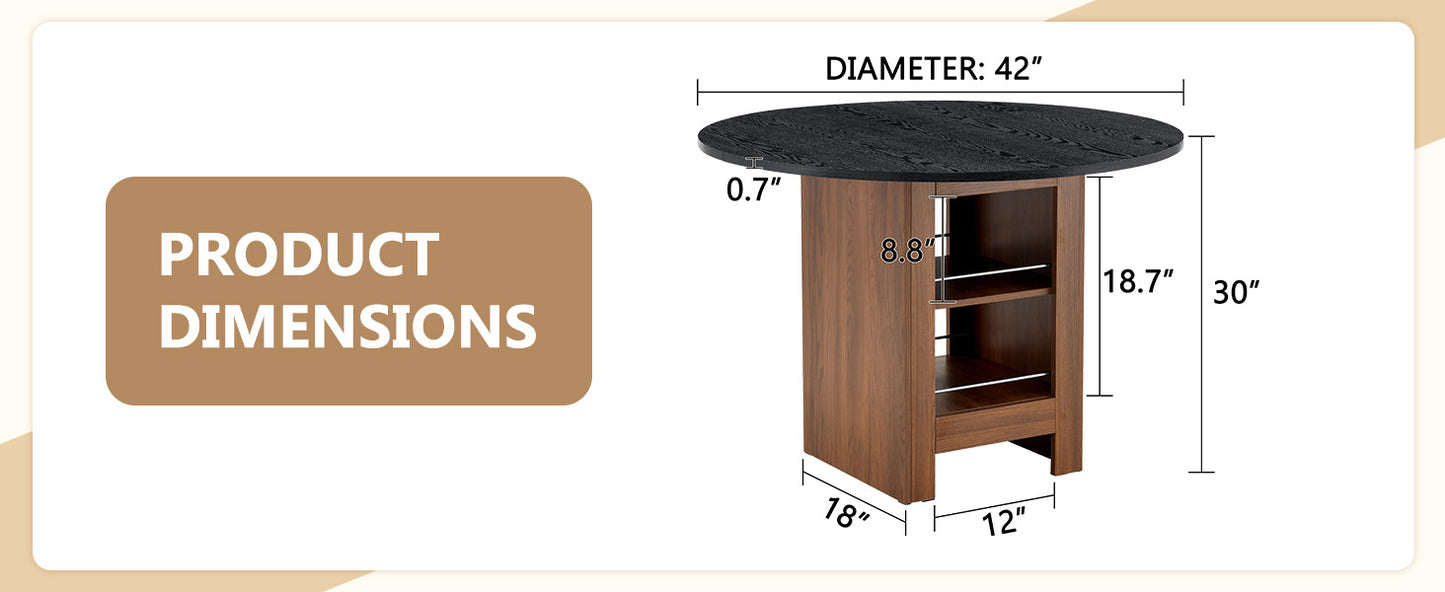 42 Inch Round Black Wood Dining Table with Storage Shelves for Dining Room
