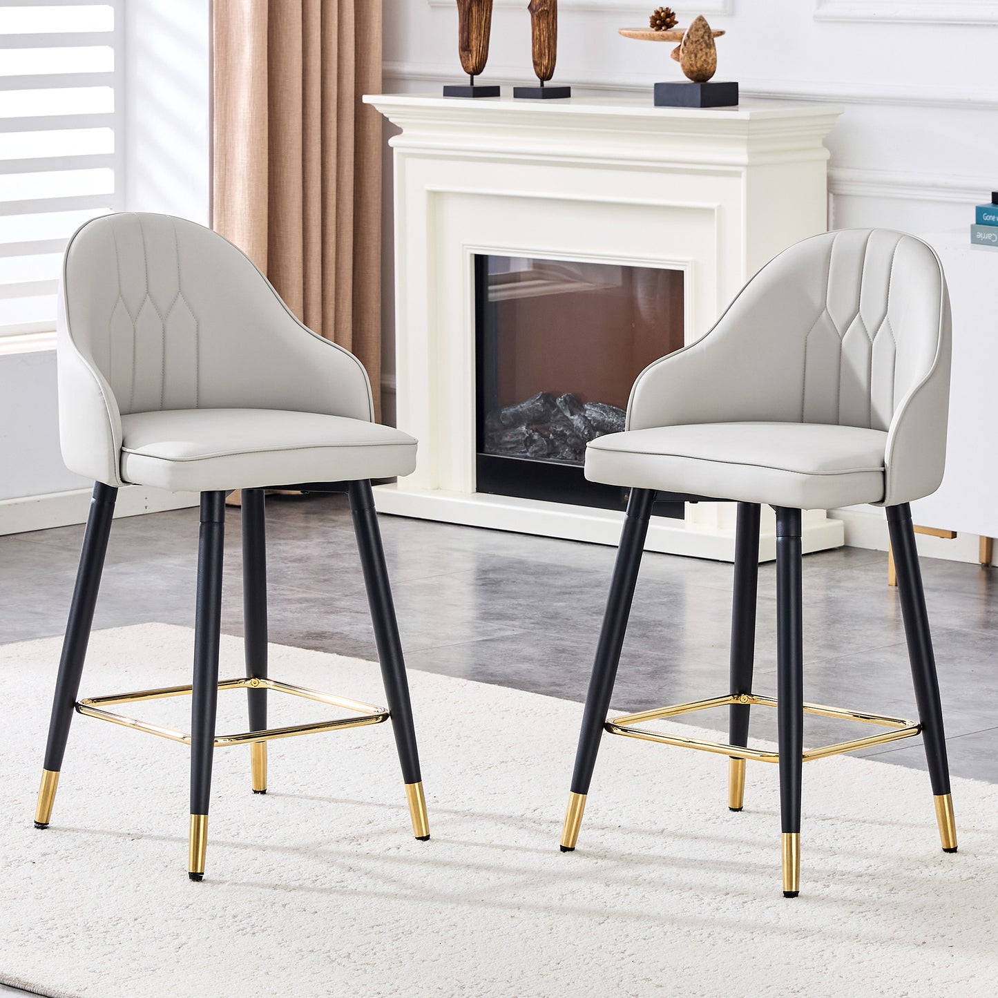 Set of 2 Light Gray PU Leather Bar Stools: 37.7" High, 25" Seat Height, Gold Accent Footrest, Ideal for Kitchen Island, Home Bar & Dining Area, Available in Black, White & Dark Gray Splicing Colors.