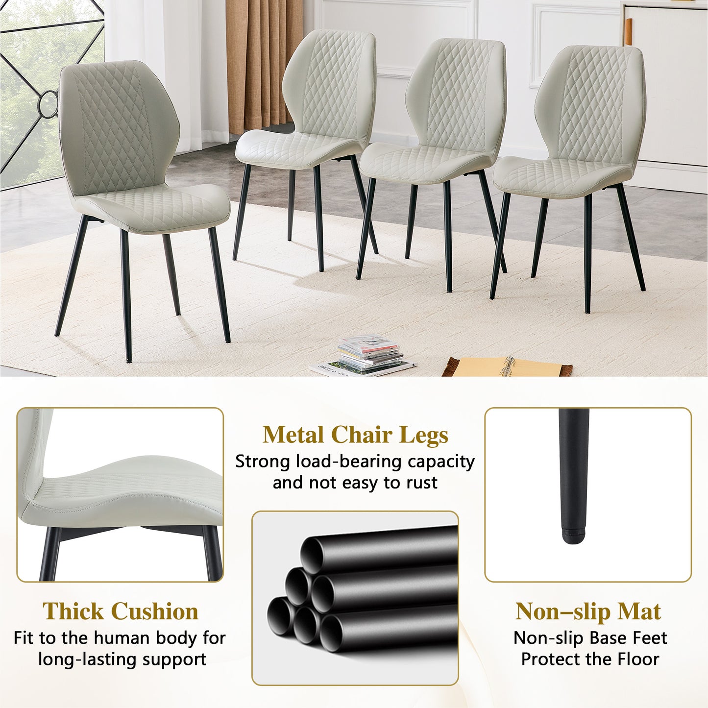 Light Gray Diamond Quilted Dining Chairs - Set of 4 for Dining Room