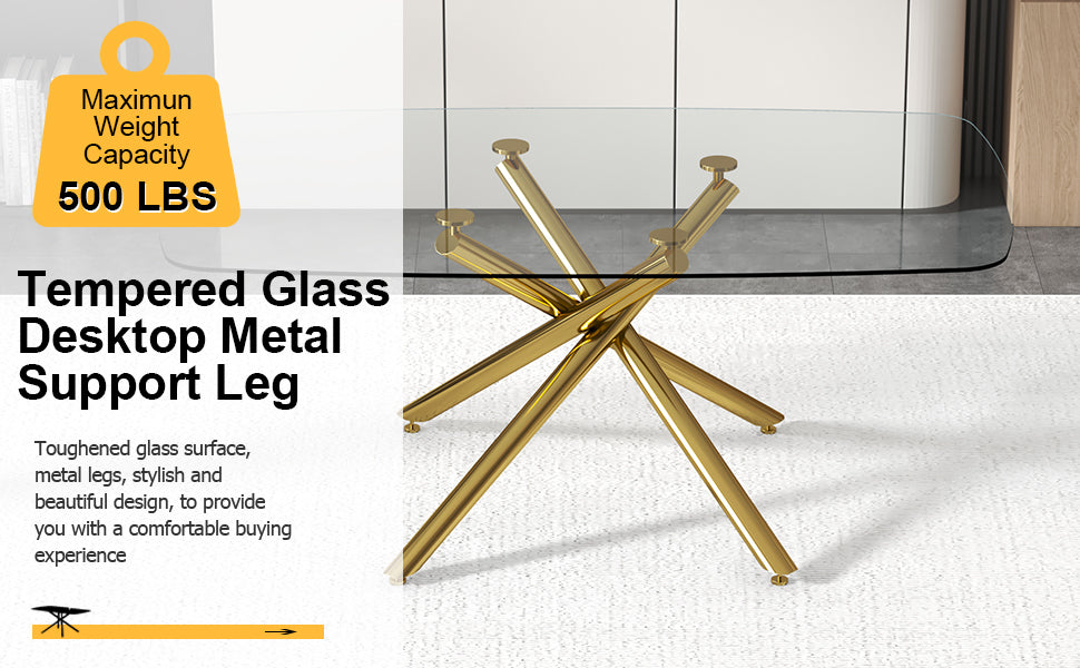 Golden Glass Dining Table with Metal Frame for Kitchen and Dining Room