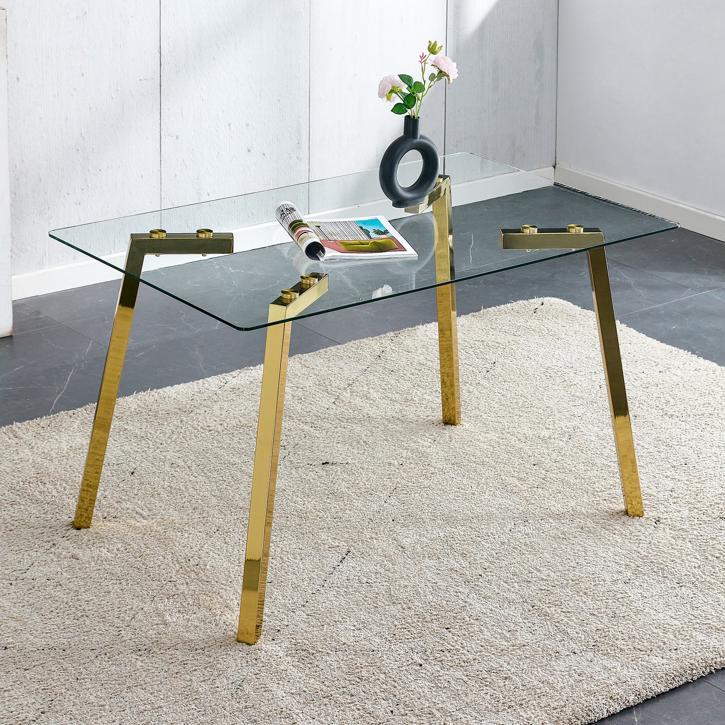 Modern minimalist style rectangular glass dining table with tempered glass tabletop and golden metal legs, suitable for kitchen, dining room, and living room, 51 " * 31.5 " * 29.5 " 1123