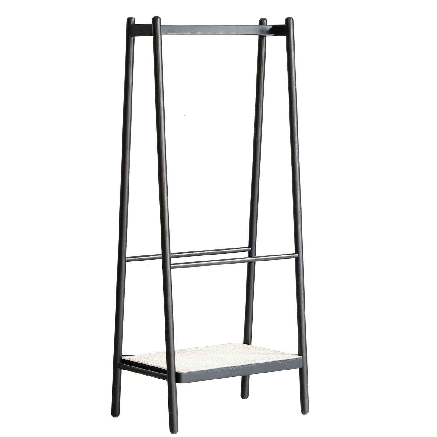(Black) Solid Oak Wood Clothes Rack, Black Rattan Hanger Rack-clothes Rack with Shelves, Cloth Hanger Standing Garment Racks for Hanging Clothes