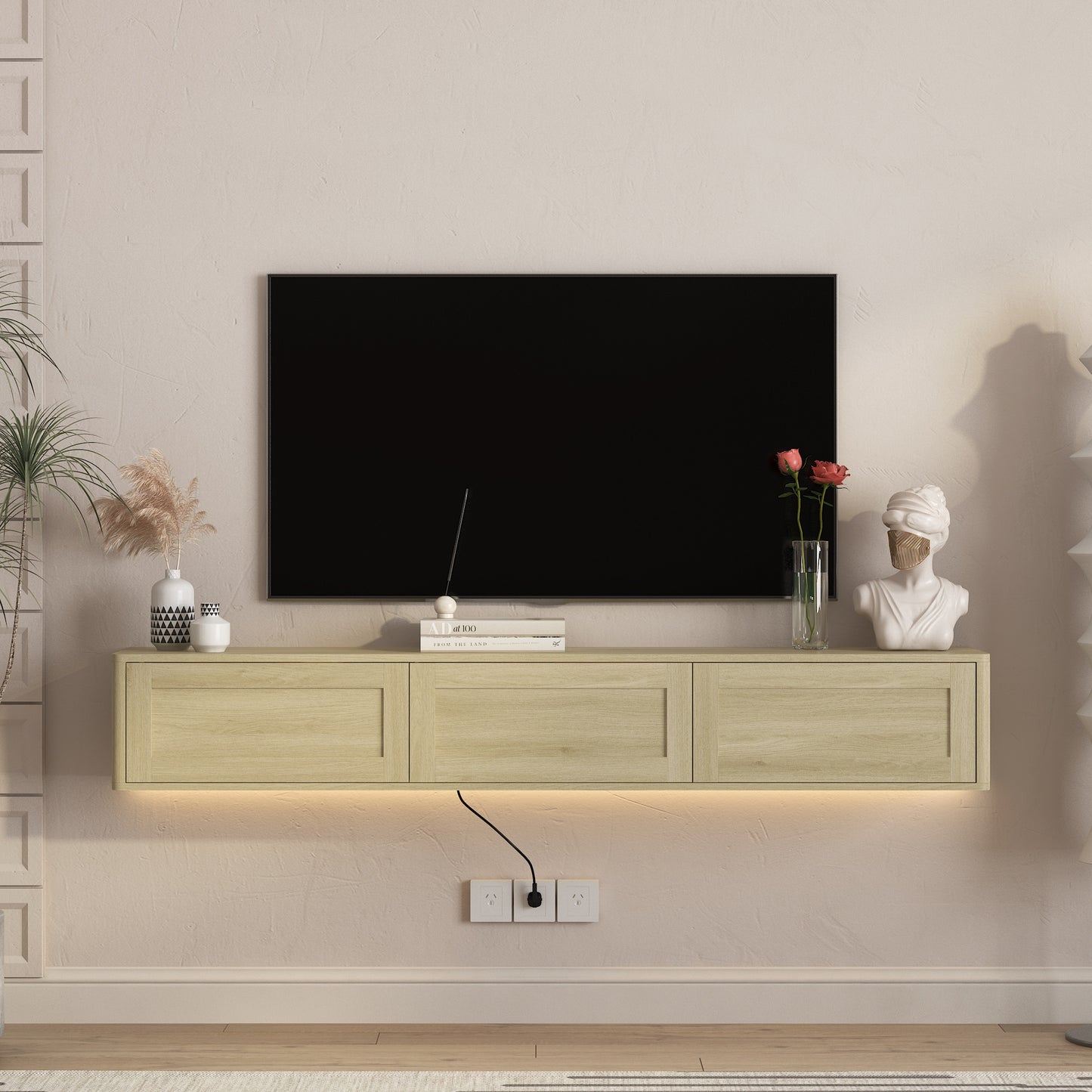 Floating TV Stand, Wall Mounted TV Shelf with Led Lights & Power Outlet,High Gloss TV Cabinet for Wood tv Stands for Living Room