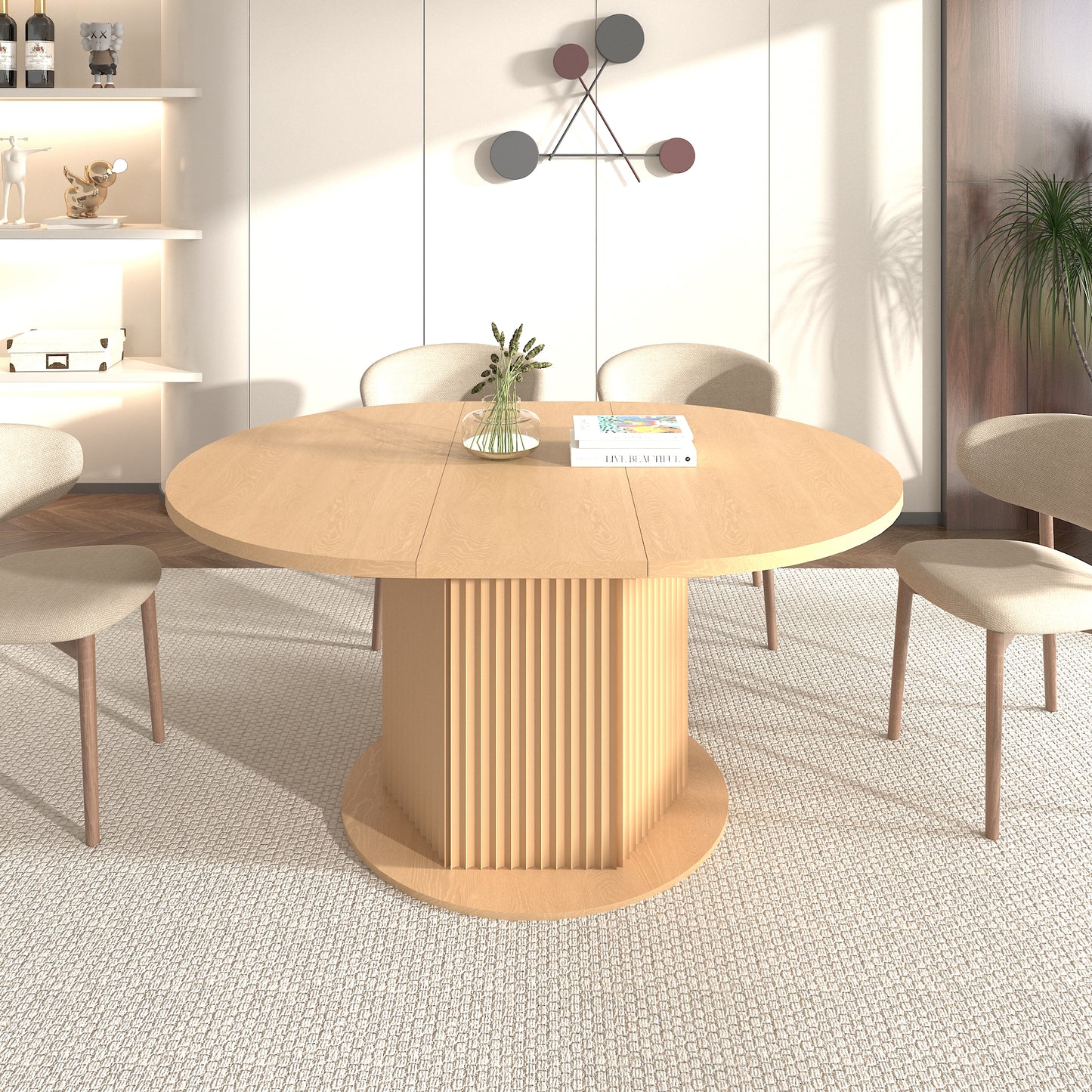 Round Dining Table for 4-6 People, Kitchen Table with Bump Texture Base, Wooden Dinner Table for Dining Room Family Gathering