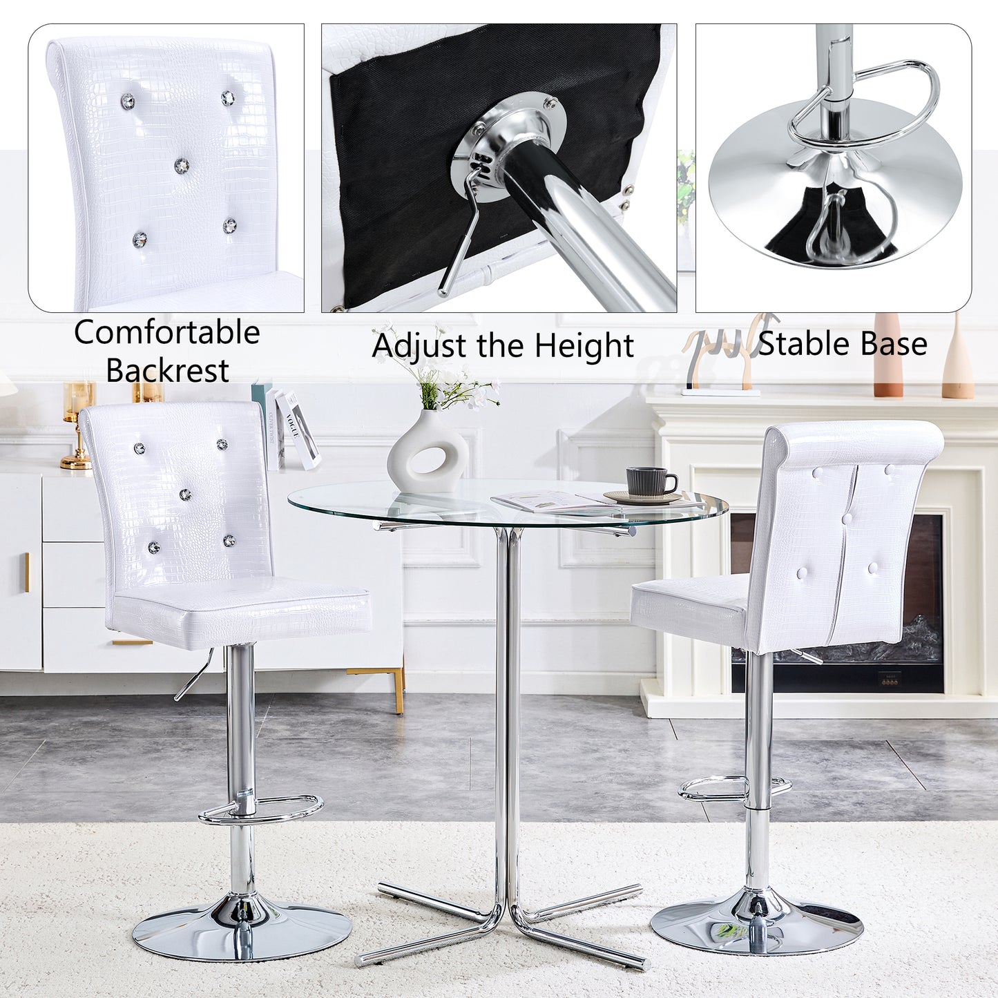 Set of 2 White PVC Dining Chairs with Crystal Details