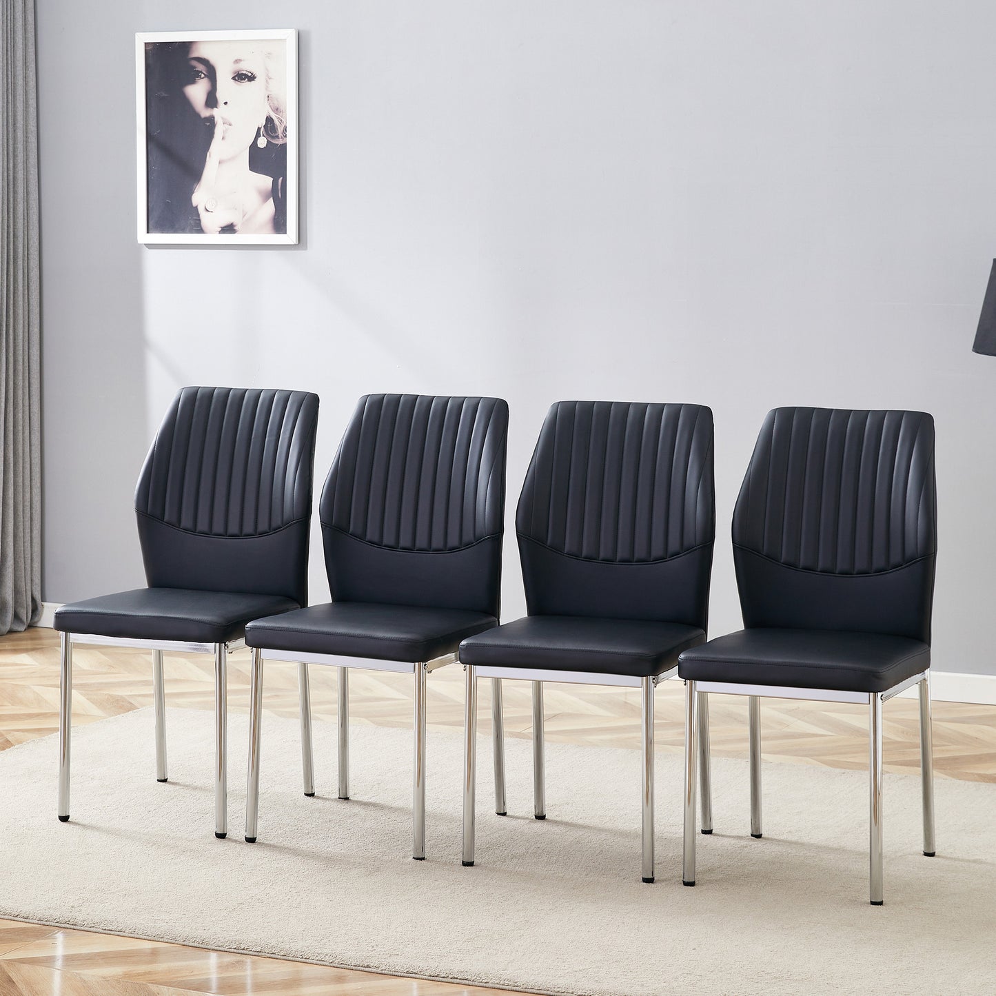 4-piece set of black silver light luxury PU dining chairs: ergonomic backrest, 36.7 inches high, suitable for multiple scenarios.Set of 4 BLACK PU Material High Resilience Dining Chairs.