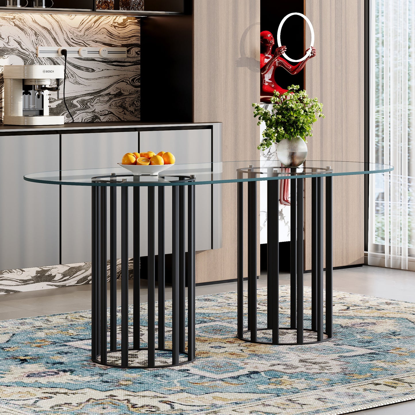 71 inch oval tempered glass dining table,black double column light luxury style,tempered glass scratch resistant and easy to clean.Suitable for 6-8 people dining, modern light luxury restaurant table.