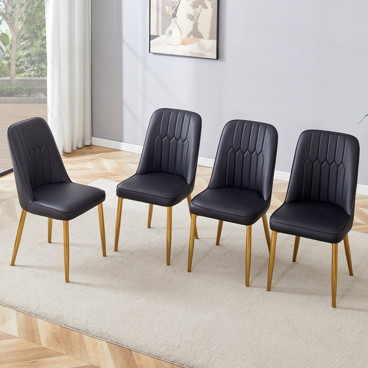 4 modern dining chairs, sleek PU leather backrest, and gold metal legs bring a comfortable home experience to the kitchen, bedroom, and office