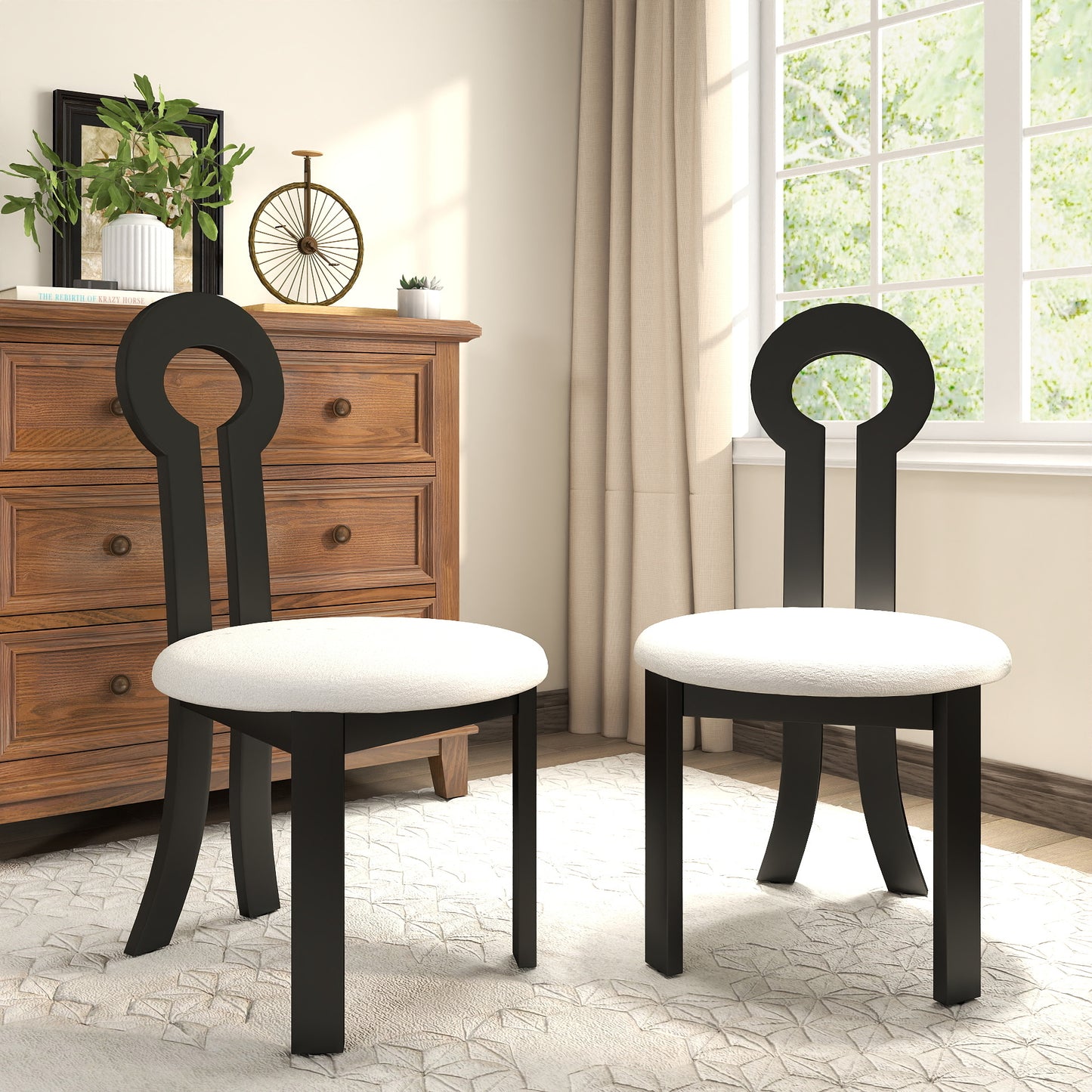 Vintage Rubber Solid Wood Dining Chair, Sheep Plush Dining Chair, Armless Dining Chair, Suitable For Small Home Dressing Room Model Room, Black(Set Of 2)