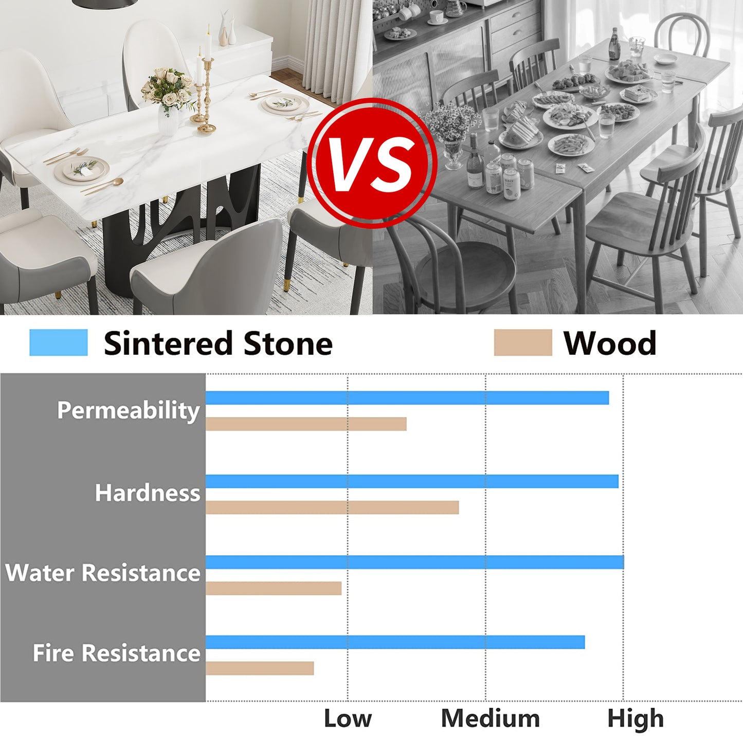 63" Modern Black & White Dining Table - Sintered Stone Top