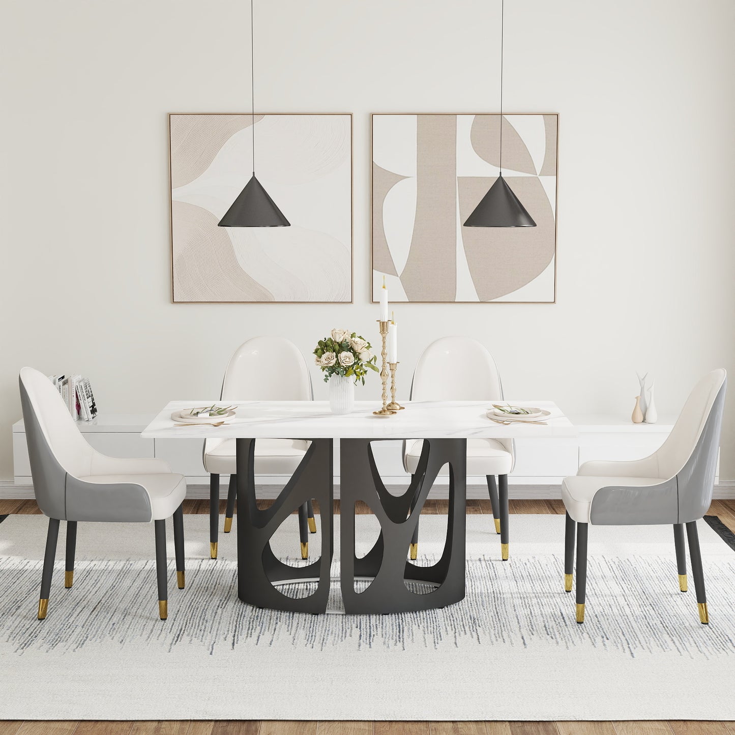 63 "Modern Artificial Stone White Panel Black Iron Metal Legs-Can Accommodate 6 People
