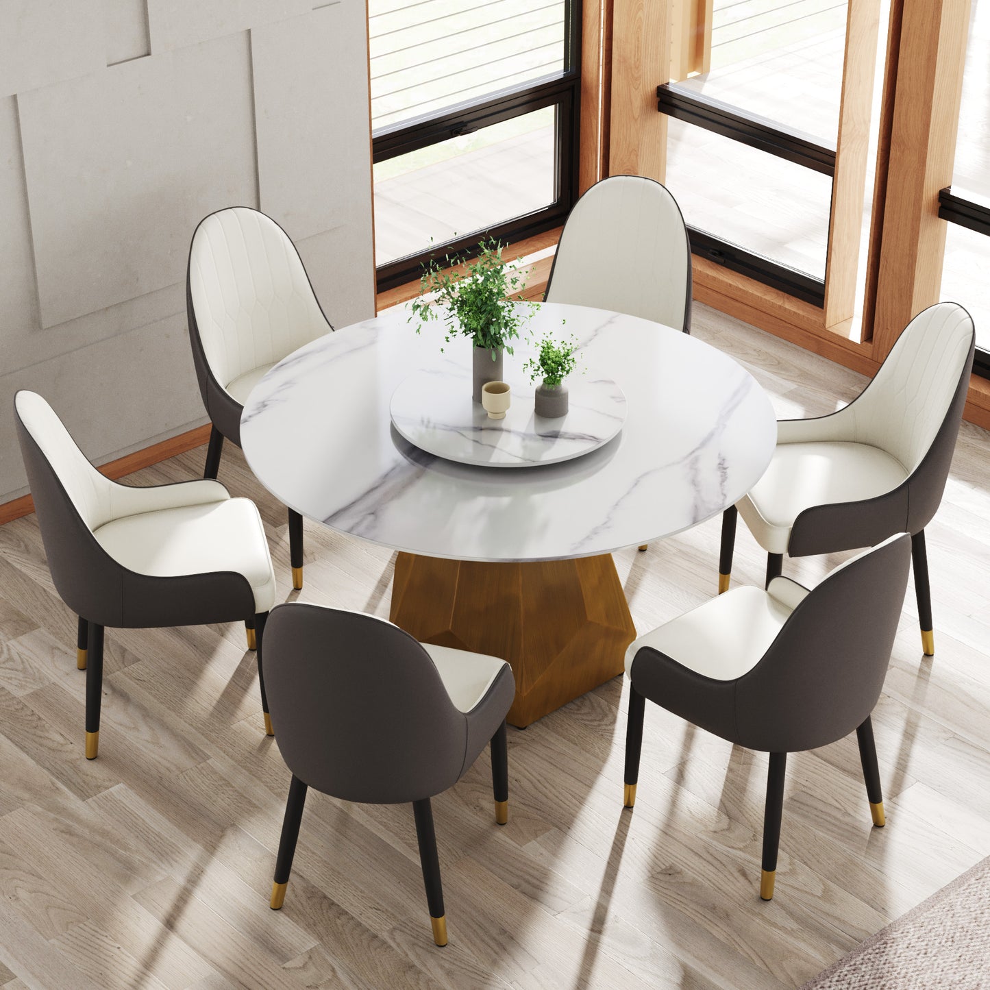 53" Round Marble Dining Table with Metal Base, Artificial Marble for 6 People, 23.62"White Artificial Stone Turntable,White (Dining Table Only)