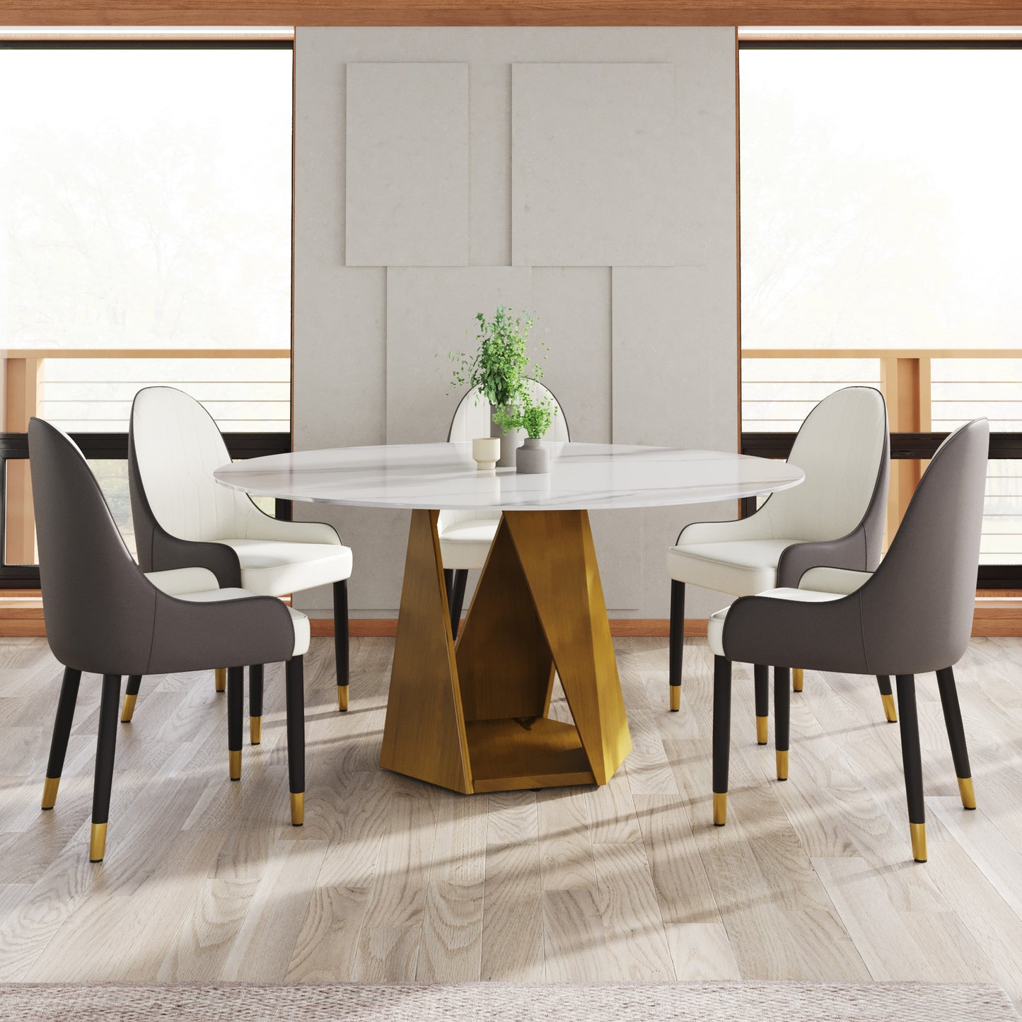 59.05" Round Marble Dining Table with Bronze Iron Metal Base, Artificial Marble for 6-8 People, Dining Room/Living Room Kitchen Dining Table,White (Dining Table Only)