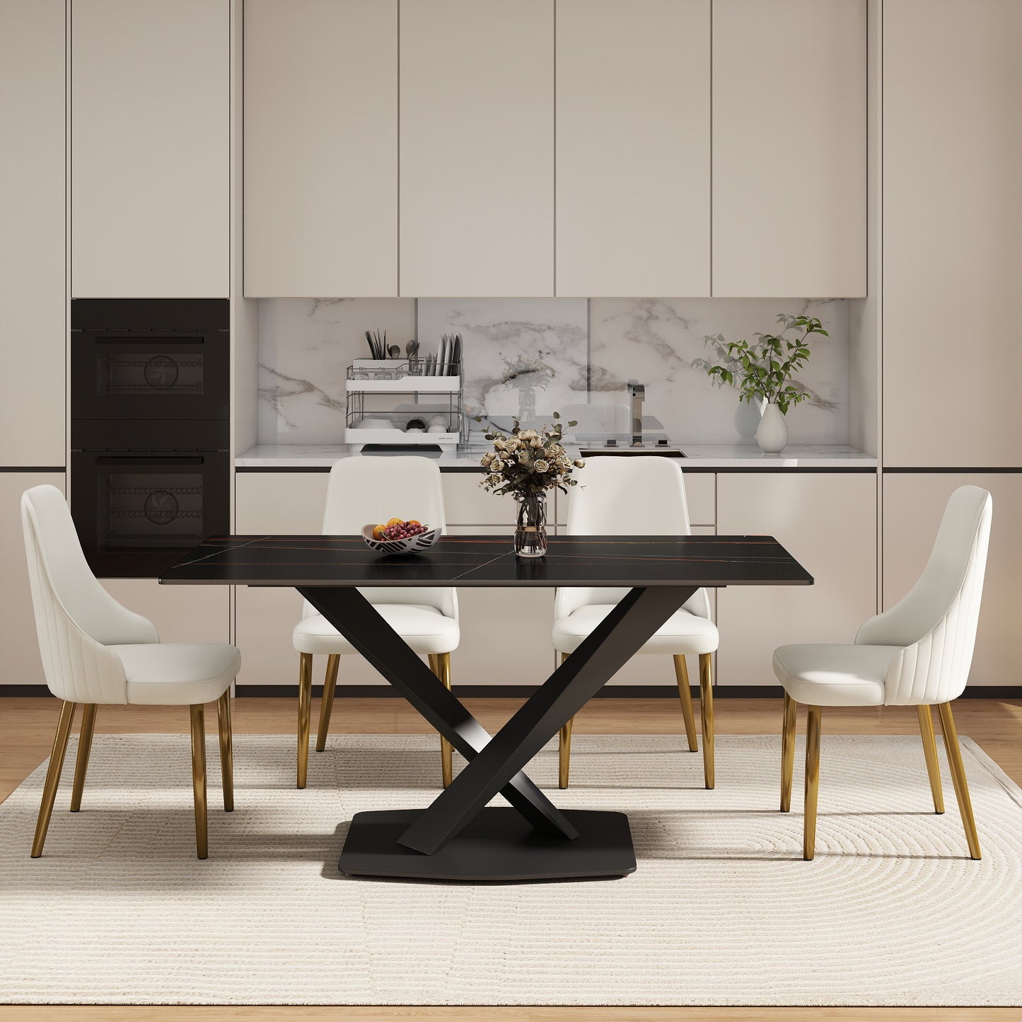 63" Modern Artificial Stone Black Straight Edge Black Metal X-Leg Dining Table -6 People