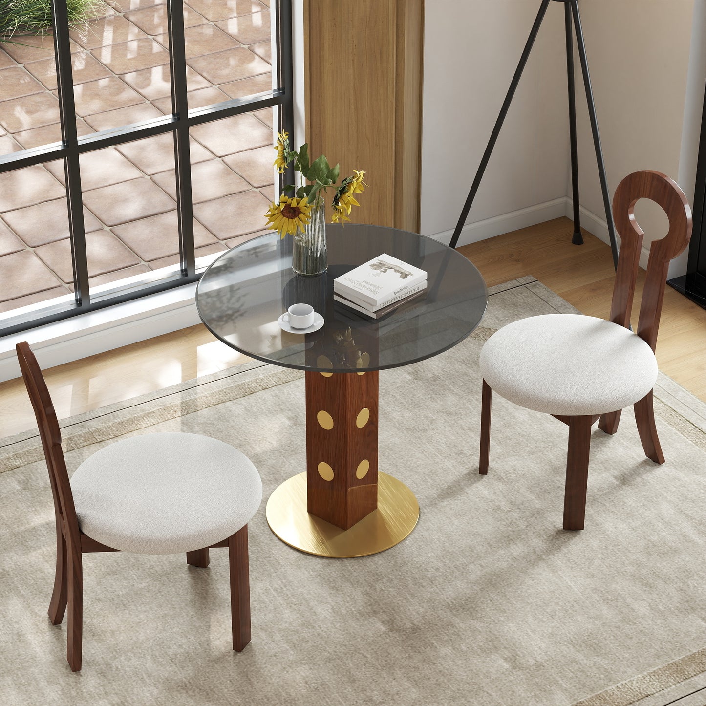 Modern Round Dining Table, 33.5" Tempered Glass Table with Wooden Leg & Gold Base, 2 - Person Kitchen Table for Small Space, 150lbs Weight Capacity(Only the Negotiation Table)