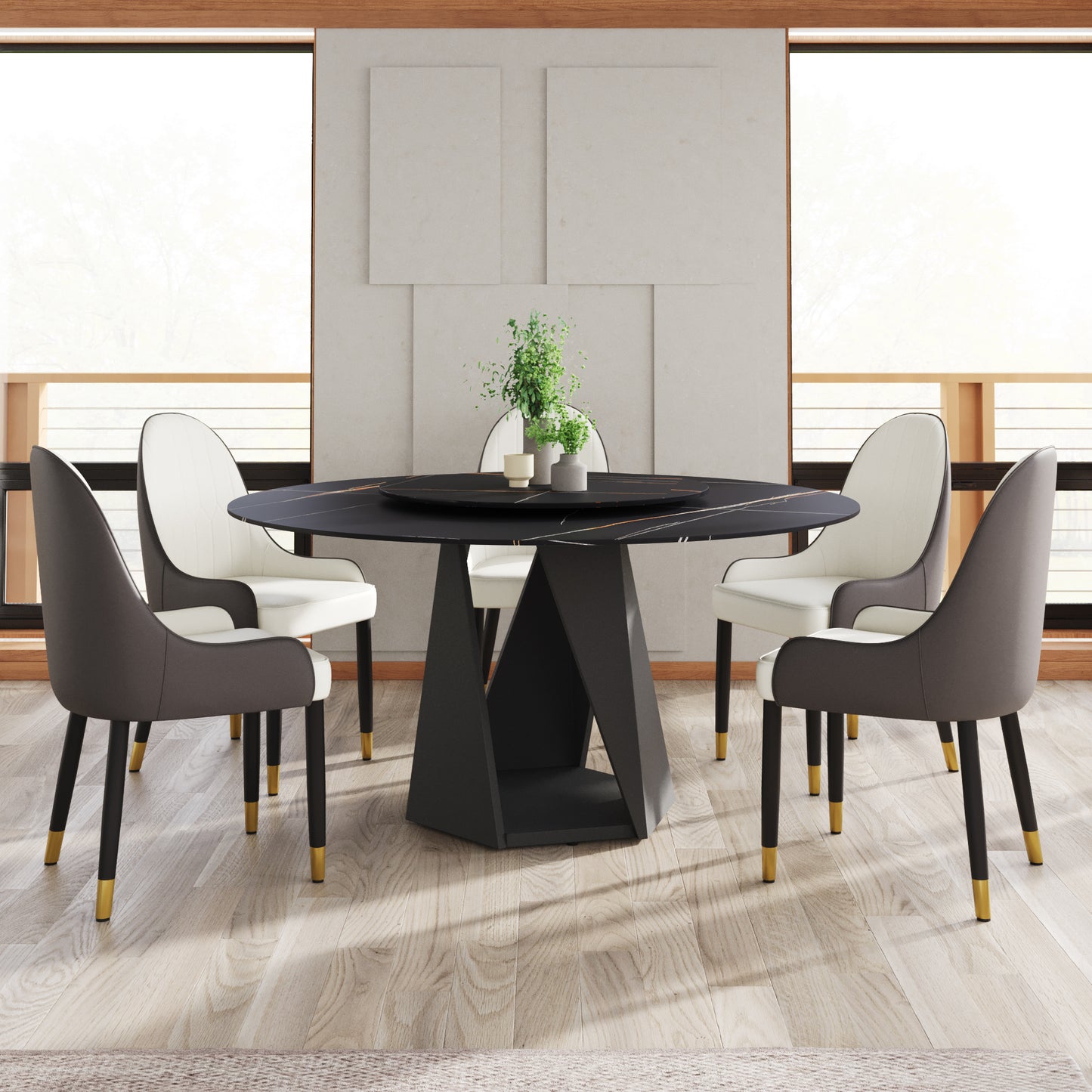 59.05" Round Marble Dining Table with Black Iron Metal Base, Artificial Marble for 6-8 People, 31.5"Black Artificial Stone Turntable,Black (Dining Table Only)