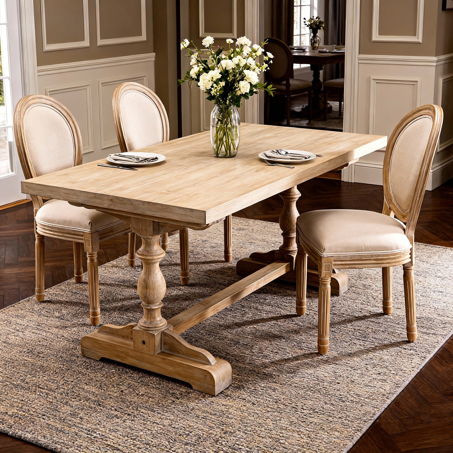 French Style Solid Wood Frame Linen Fabric Oval Back Dining Chair,Set of 2,Beige