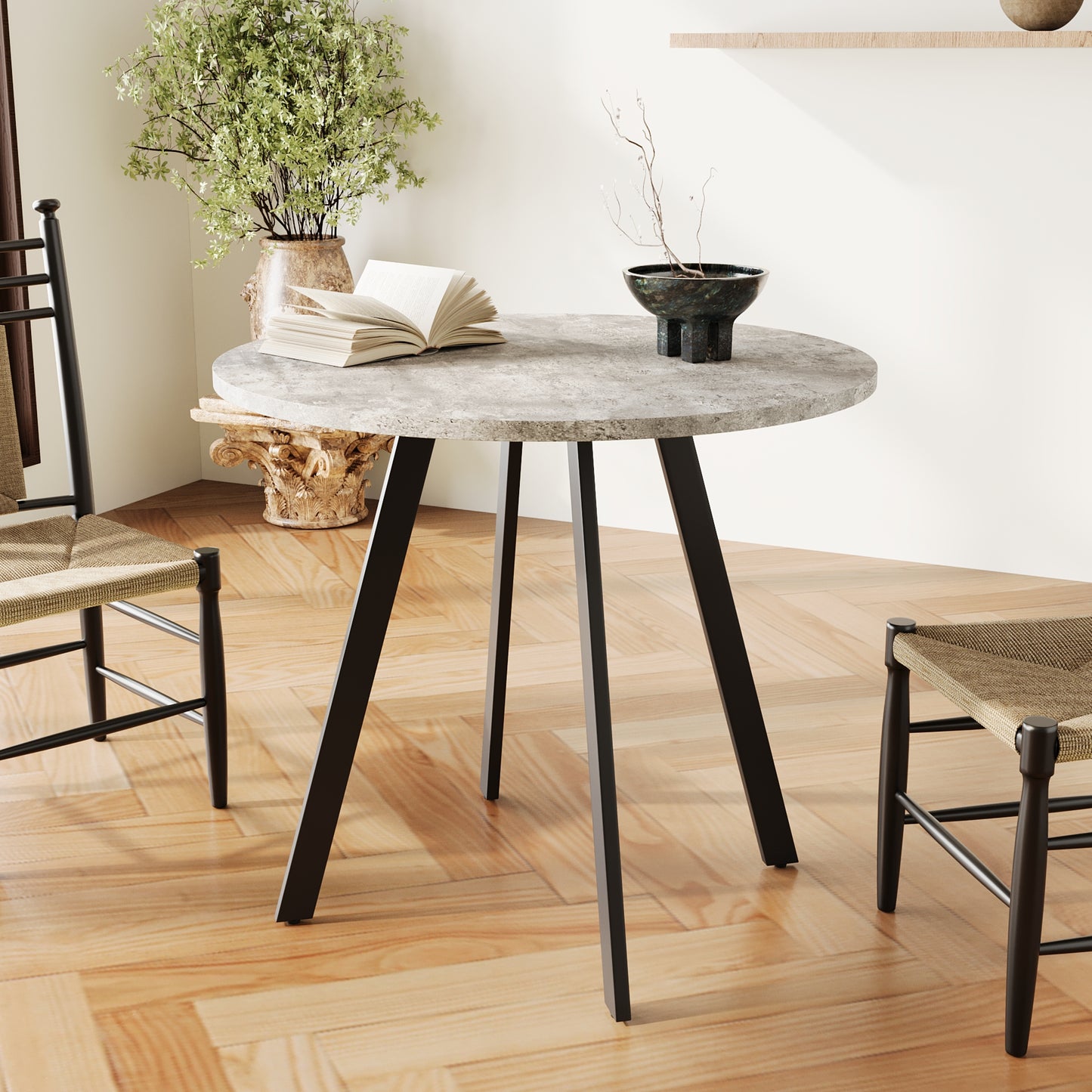 Modern minimalist circular dining table, gray cement texture, suitable for restaurants, kitchens, and offices, medieval modern small circular dining table 33.5 inches, casual coffee table